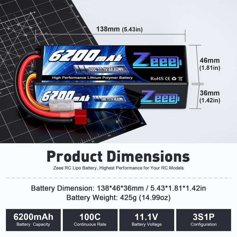 Zeee 3S Lipo Battery 6200mAh 11.1V 100C Hard Case RC Battery with T Connector for 1/8 1/10 Scale Vehicles RC Car Tank Trucks Boats(2 Pack)