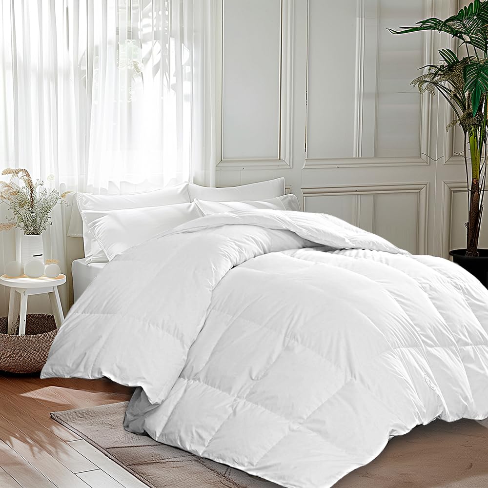 Martha Stewart Goose Feather Down Fiber Cotton Comforter Queen Size, Feather Duvet Insert Queen, Hotel Collection Hypoallergenic Comforter 80oz Extra Warmth 90 x 90 Inch White