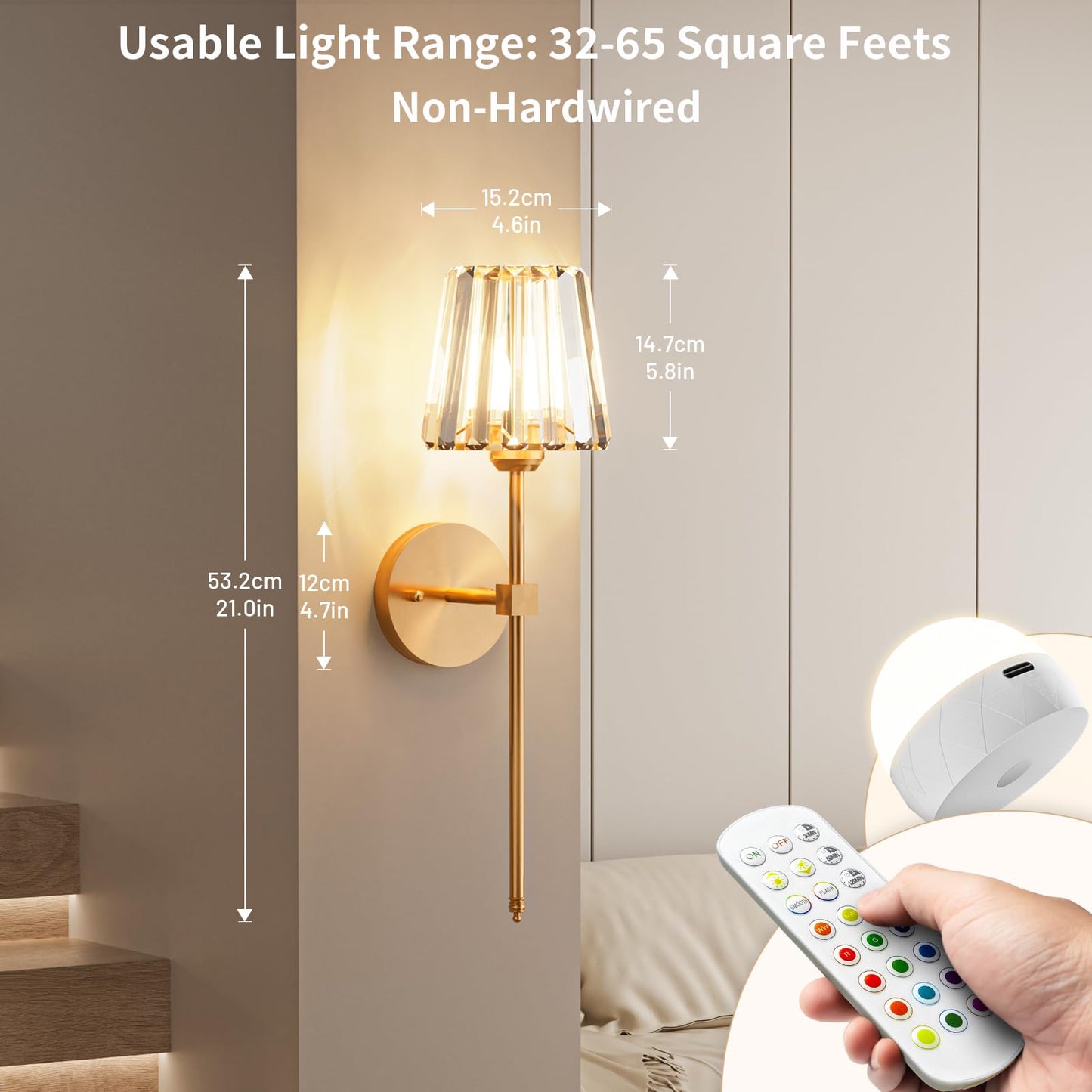 Crystal Battery Operated Wall Sconces Set of 2, Gold Rechargeable Wireless Wall Sconce Lights with Crystal Lampshade, 12 RGB and 3CCT Dimmable Wall Lamps with Remote for Bedroom Living Room Hallway