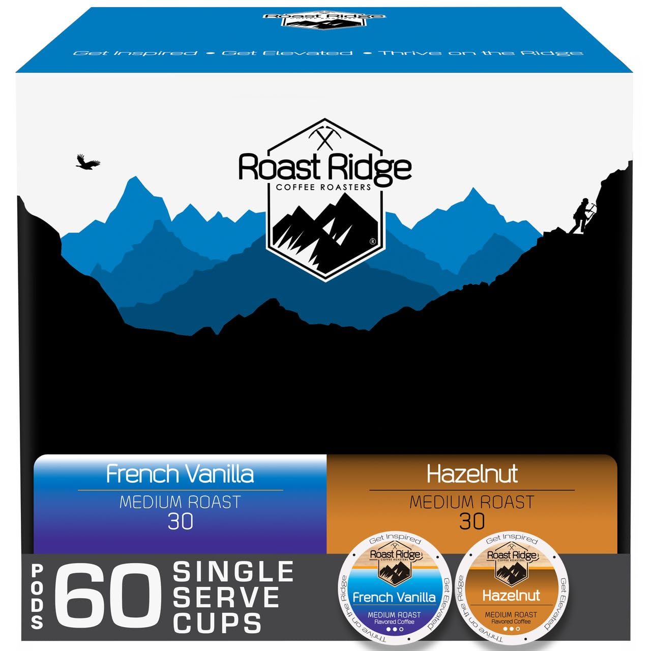 Roast Ridge Single Serve Coffee Pods for K-Cup Brewers, Flavored Variety Pack, Medium Roast, 60 Count (30 Each: French Vanilla, Hazelnut)