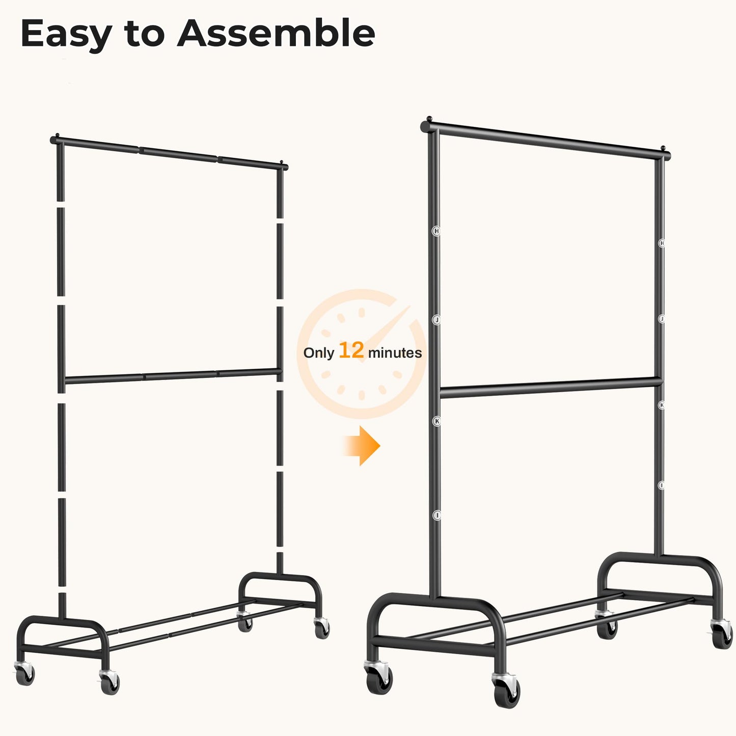 MISSLO Heavy Duty Clothes Rack for Hanging Clothes Rolling Clothing Rack Heavy Duty on Wheels for Coat, Garment, Matte Black (Double Rod)
