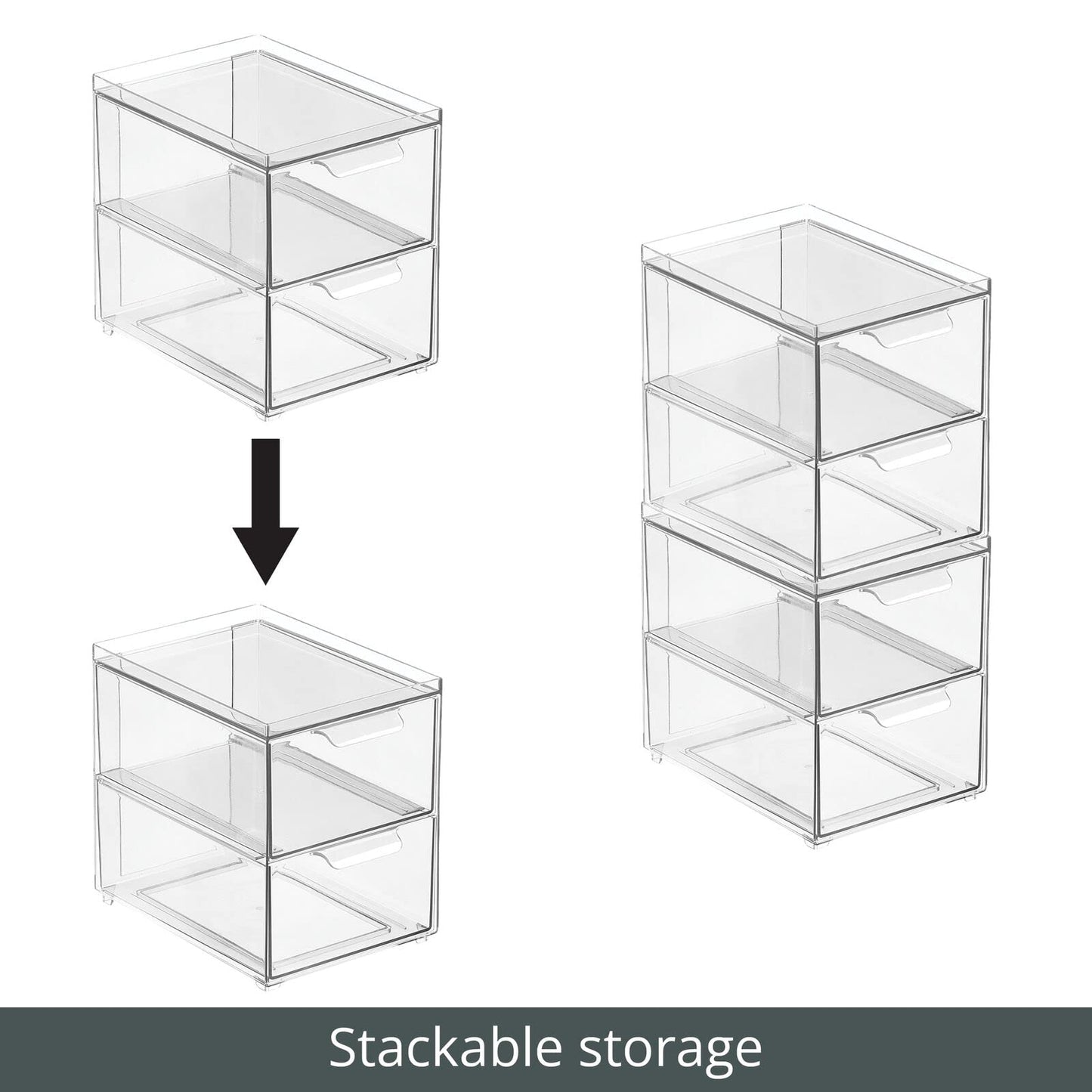 mDesign Stackable Storage Containers Box with 2 Pull-Out Drawers - Stacking Plastic Drawer Bins for Kitchen Pantry and Cupboard, Cabinet, Counter, Island and Tables - Lumiere Collection, 4 Pack, Clear