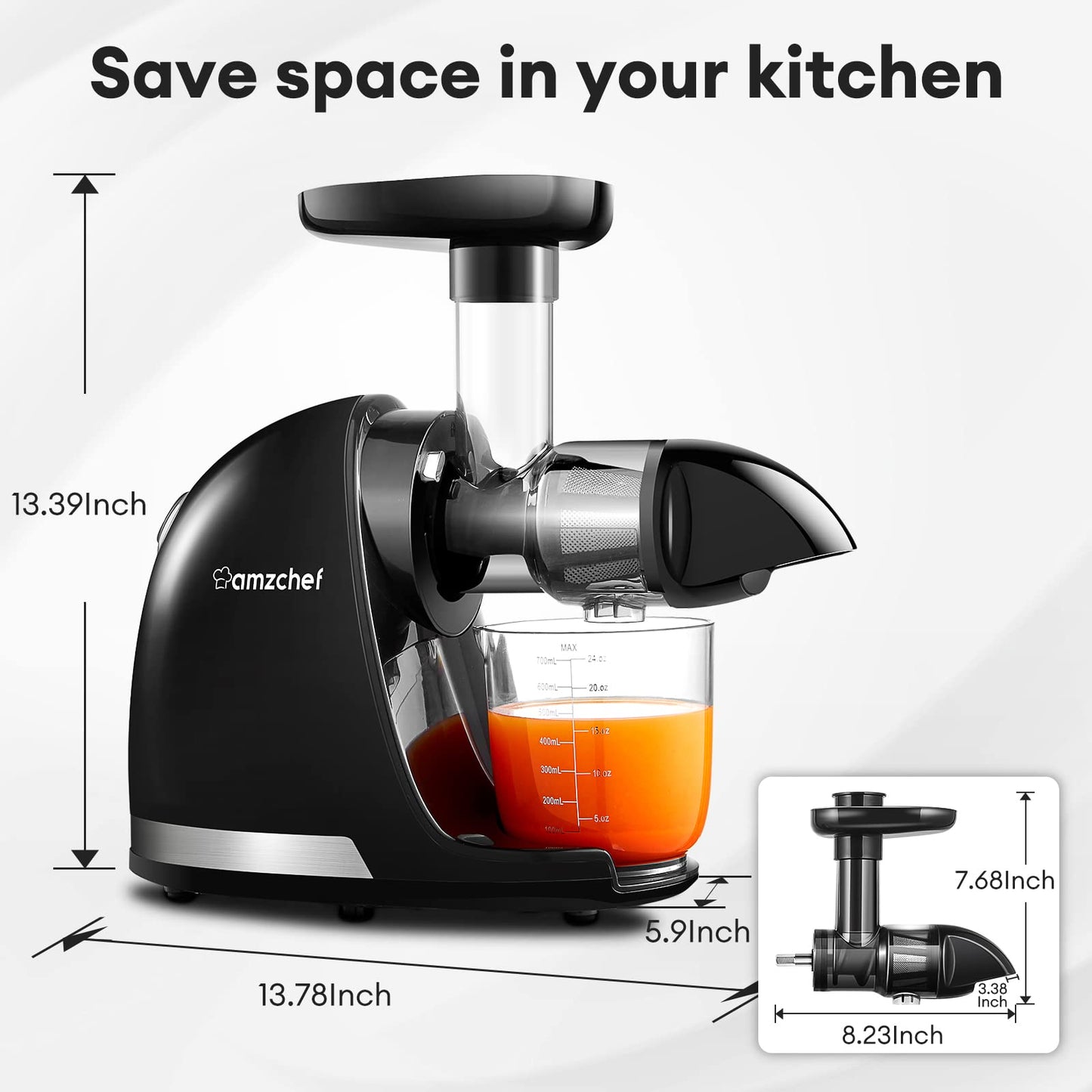 Cold Press Juicer Machines, AMZCHEF Slow Masticating Juicer with Reverse Function, High Juice Yield, Easy Clean with Brush, Recipes for High Nutrient Fruits and Vegetables, Black(Updated)