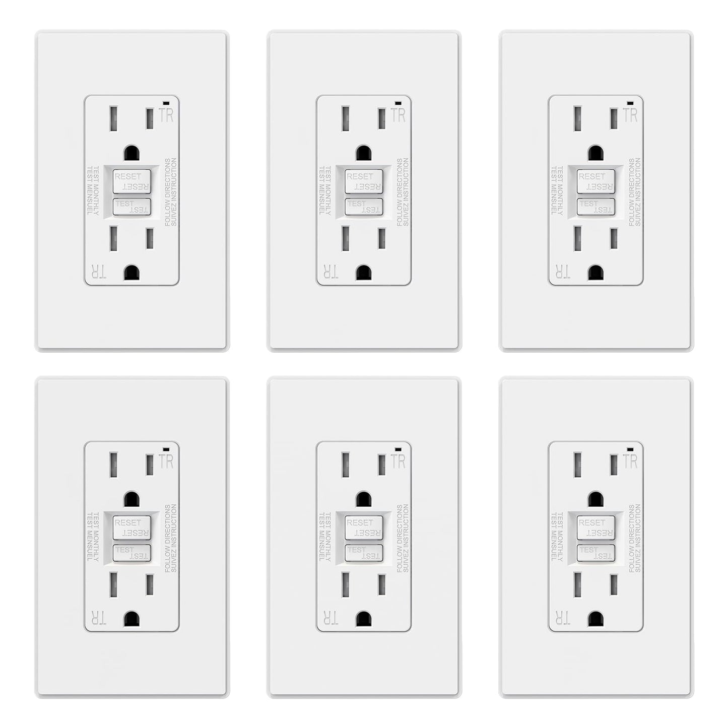 ELEGRP GFCI Outlet 15 Amp, Self-Test GFI Electrical Outlet with Thinner Design, TR Tamper Resistant GFCI Receptacle, Ground Fault Circuit Interrupters with Wall Plate, UL Listed, Matte White, 6 Pack