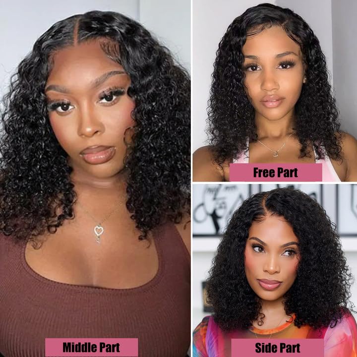 LDJOY Short Curly Lace Front Wigs Human Hair Pre Plucked 180% Density Human Hair Wigs for Black Women Water Wave Glueless 13x4 HD Transparent Lace Frontal Wigs with Baby Hair Natural Black 14 Inch