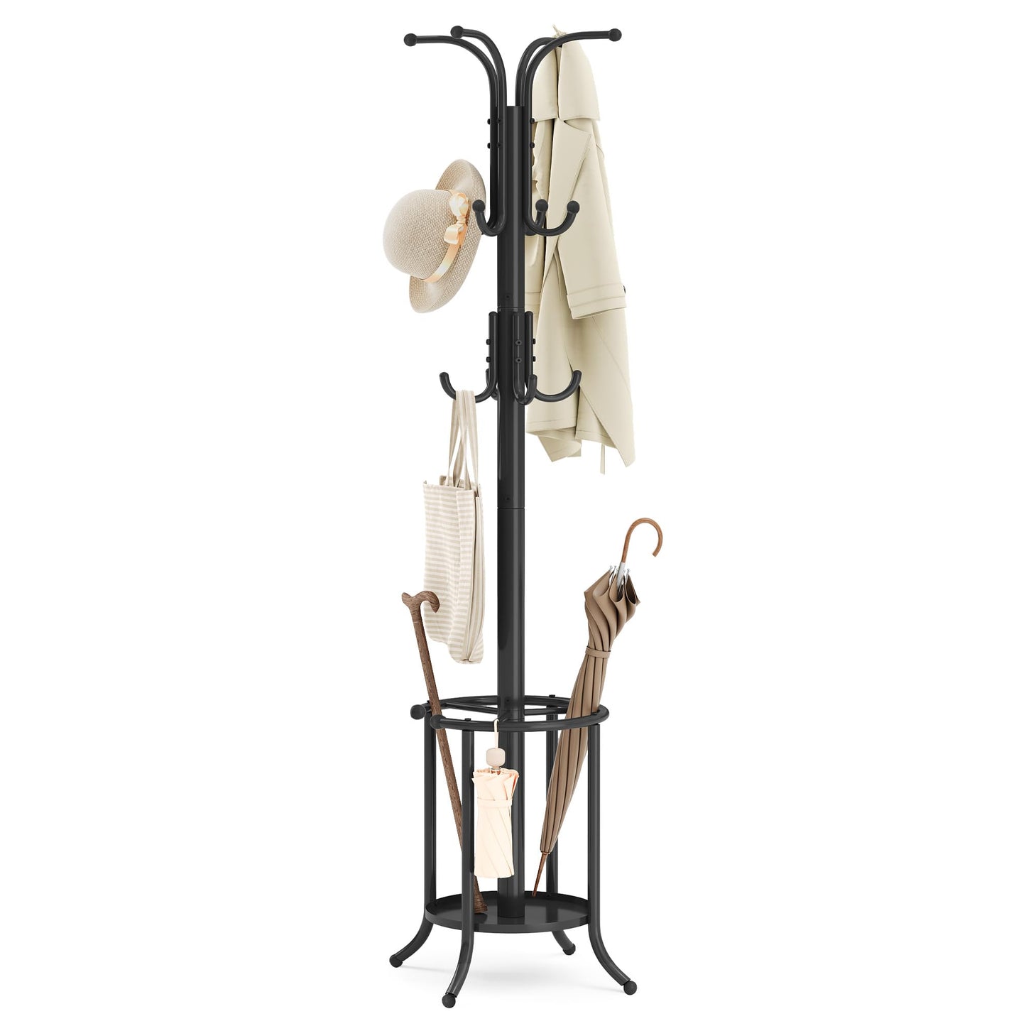 SONGMICS Coat Rack Freestanding, Coat Rack with Umbrella Holder, Metal Coat Rack Stand with 12 Hooks, for Entryway, Hallway, Living Room, Bedroom, Ink Black URCR011B01V1