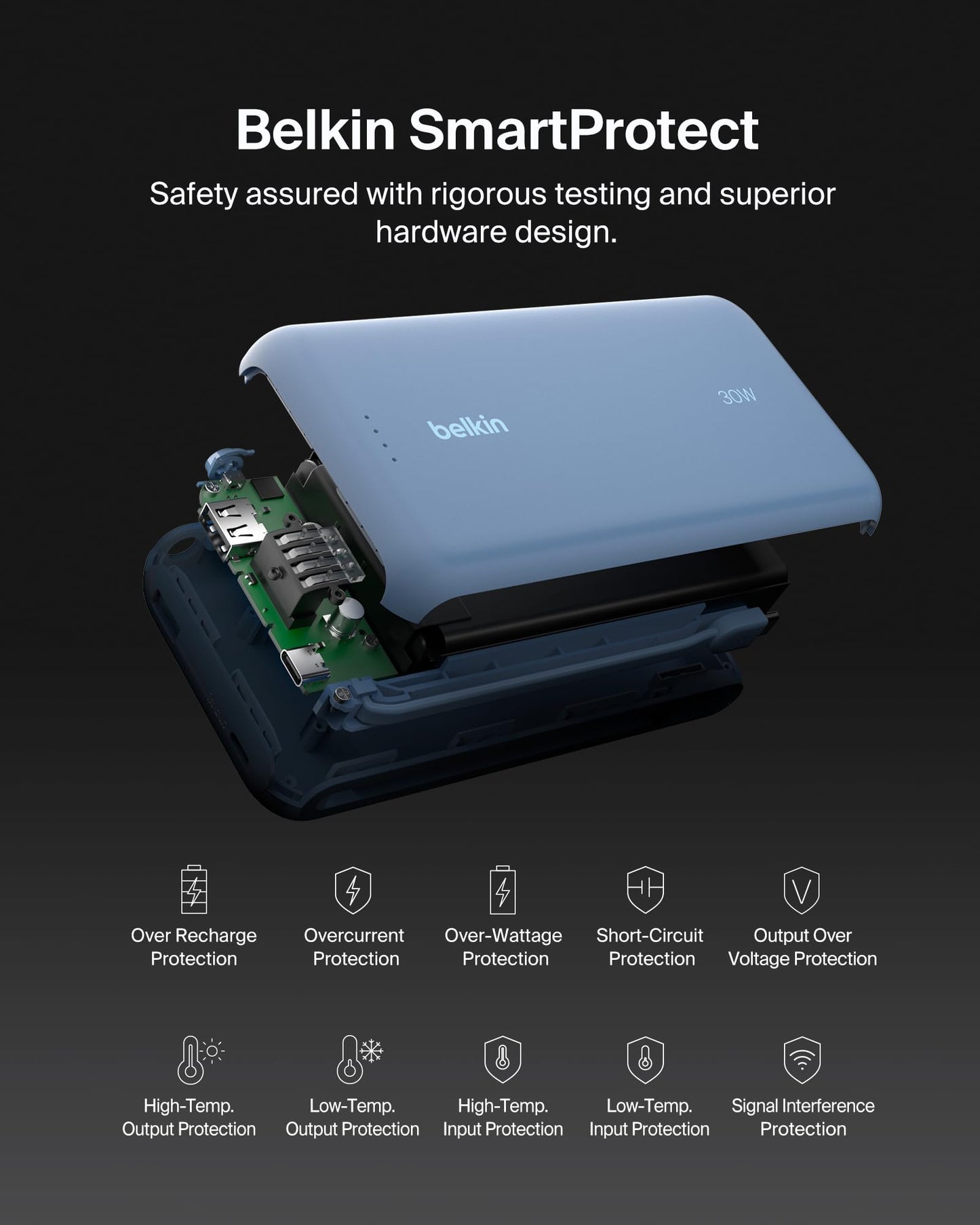 Belkin Portable Charger, Power Bank with Integrated Cable 20000 mAh 30W - Fast Charging USB C Power Delivery - iPhone 17, Air, Pro, Pro Max, iPad, AirPods, Apple Watch, Galaxy S25, & More - Blue