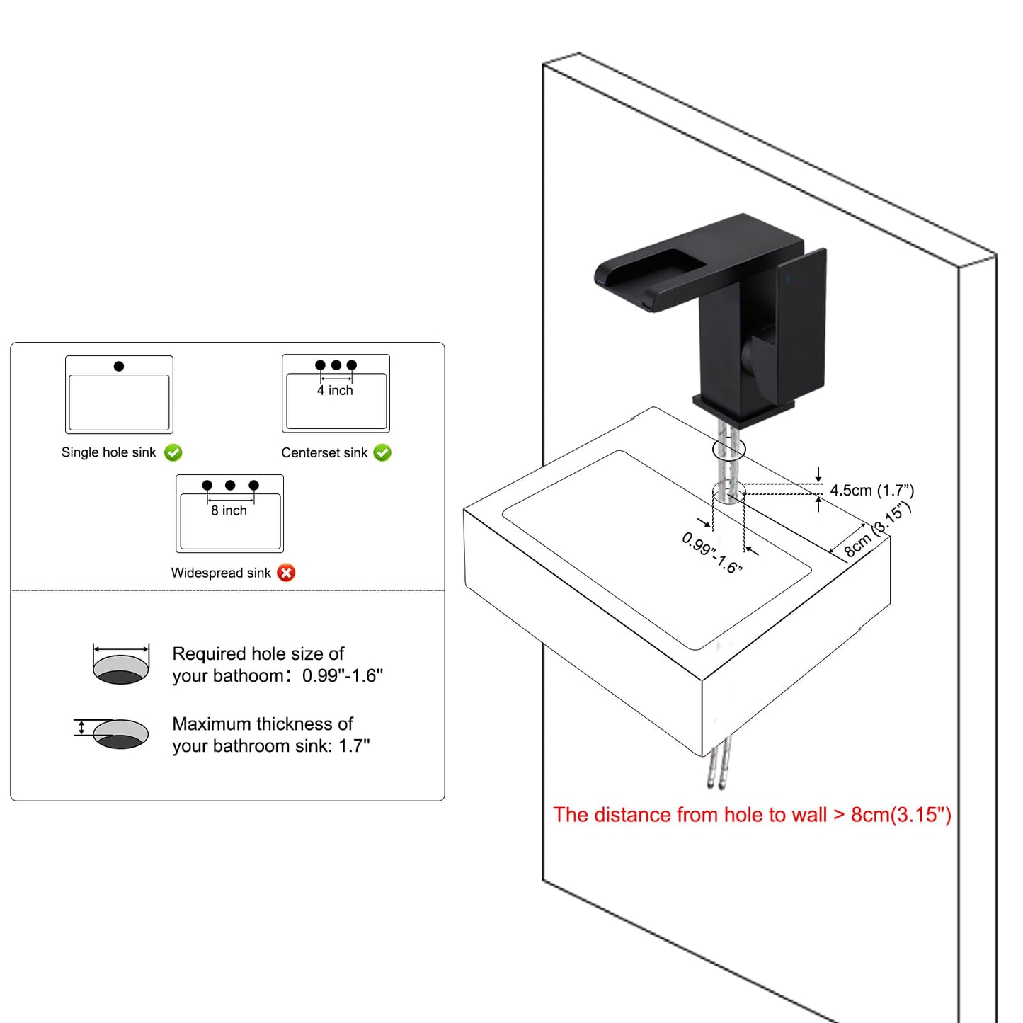 Hoimpro LED Waterfall Bathroom Faucet Matte Black, Single Handle Bathroom Sink Faucet 1 Hole, 3 Colors Light Changing vanity faucet, with Pop-up Drain and cUPC Supply Lines, Stainless Steel