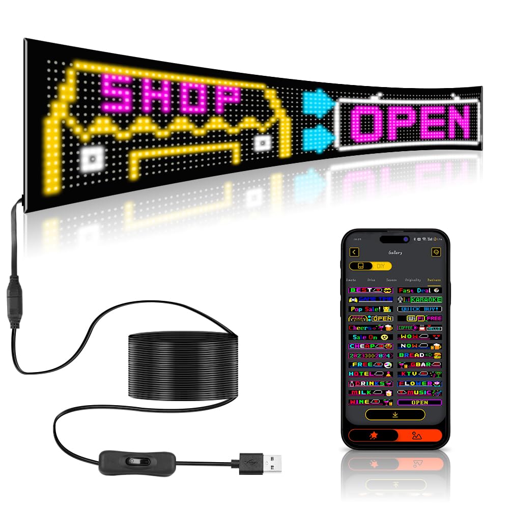 Programmable LED Sign, 35"x7.5" Scrolling Flexible Display, Bluetooth App Control, Custom Text, Patterns & Animations, USB 5V for Car, Store, Party, Bar, Hotel, Advertising Sign