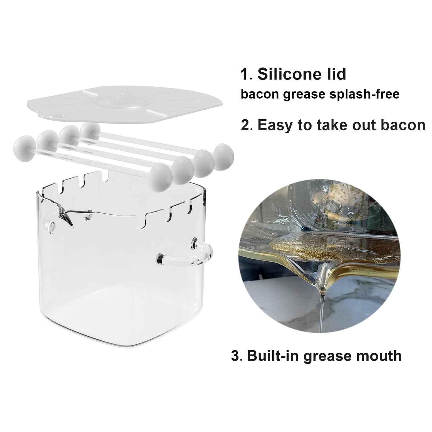 Glass Microwave Bacon Cooker, Silicone Lid, 4 Glass Skewers, 100oz