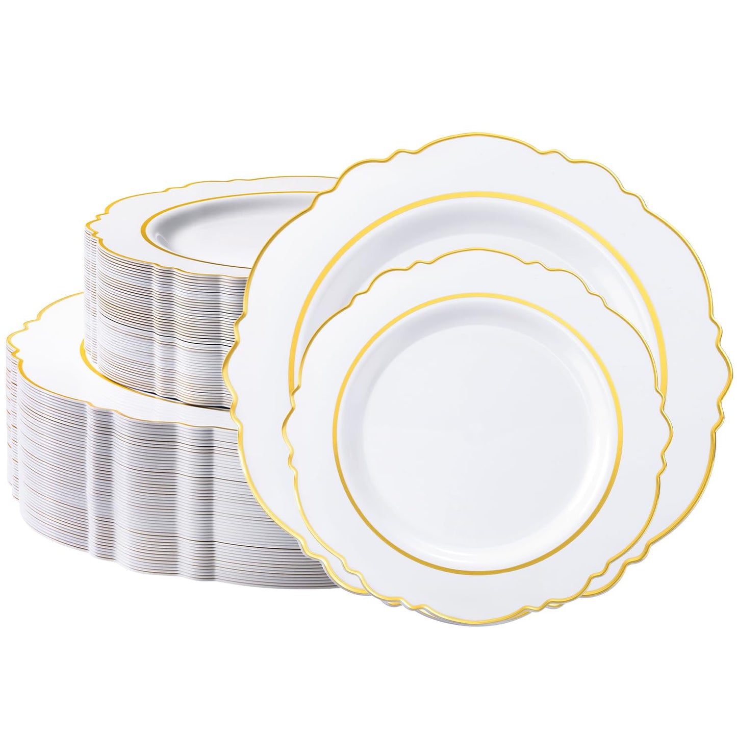 realluck 100PCS White and Gold Plastic Plates, Elegant Disposable Party Plates - 50 Dinner & 50 Dessert Plates, fancy plastic plates for Wedding, Anniversary