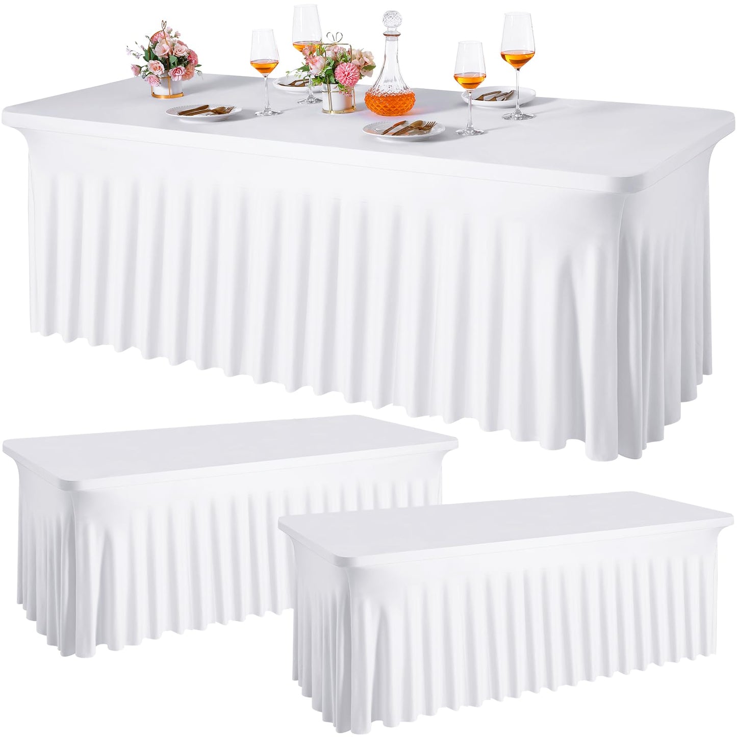 Newwiee 3 Pcs Spandex Table Skirt for 6ft Rectangle Tables 6 Foot Folding Tables Tablecloth Wrinkle Resistant Ruffles Elastic Table Cover and Table Skirt for Banquets, Weddings, Parties (White)