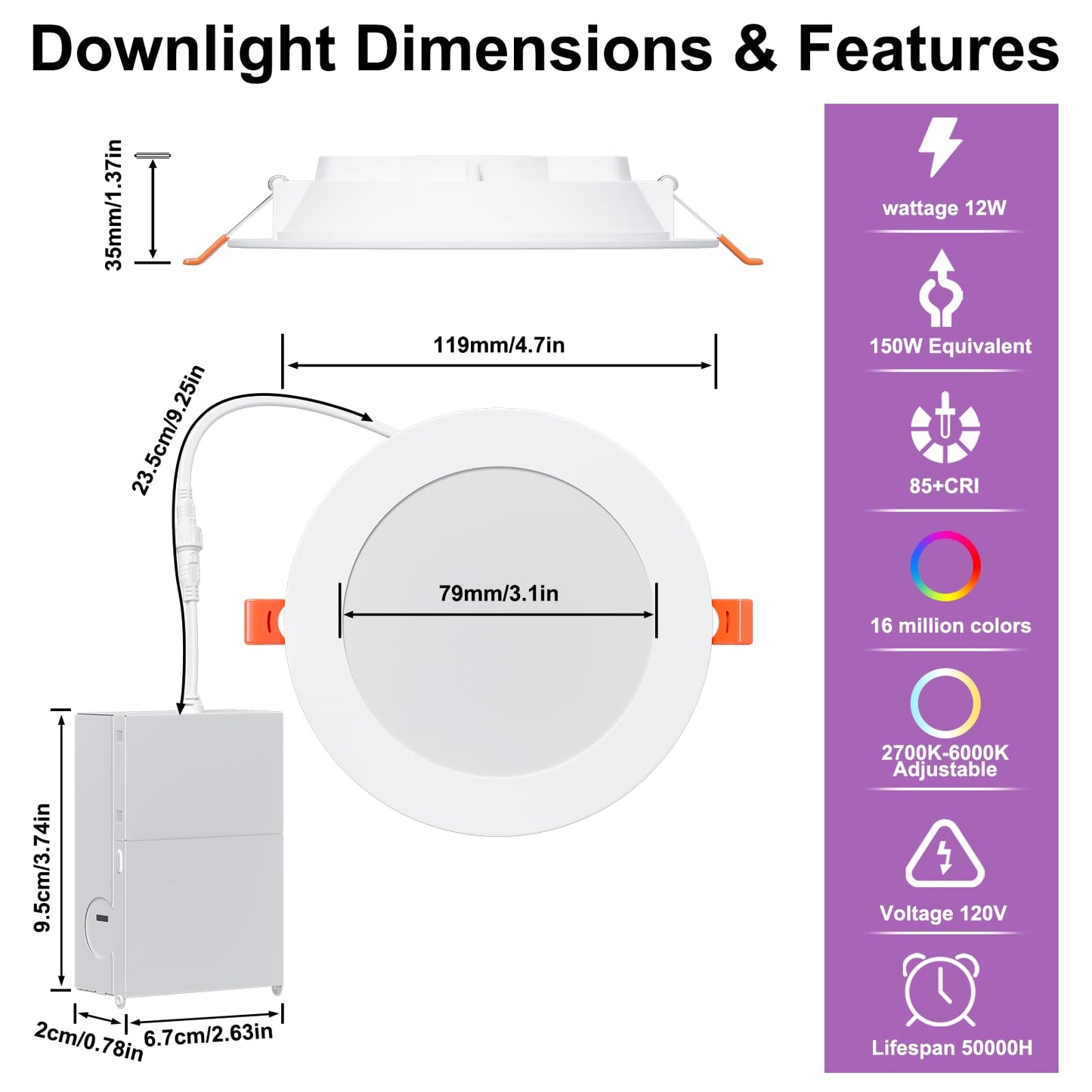 SikSog Smart Recessed Lighting 4 Inch RGBCW Color Changing 12W LED Downlight with Junction Box,1080 Lumen Recessed Ceiling Light Compatible with Alexa,Dimmable by Bluetooth Control -6Pack
