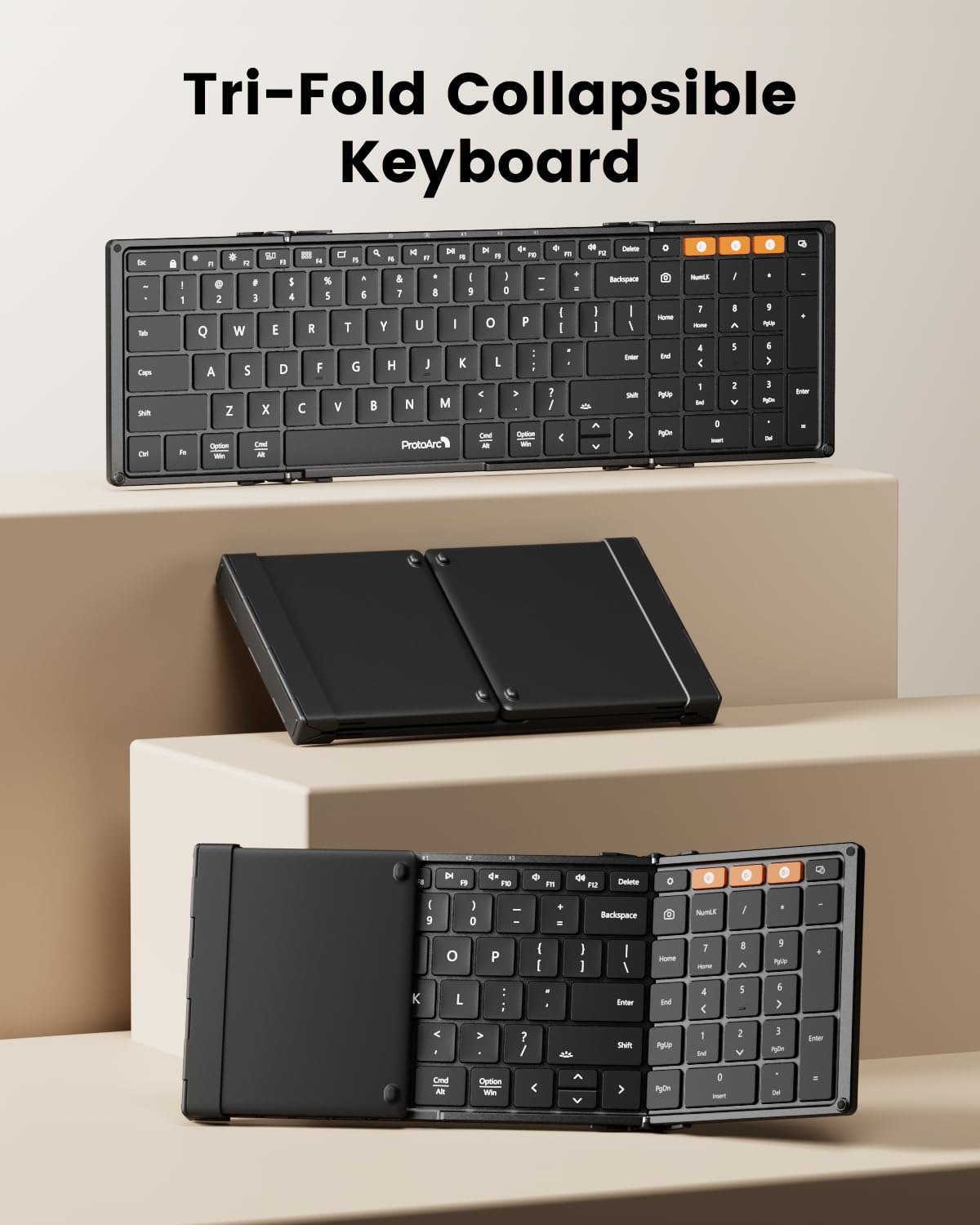 ProtoArc Backlit Foldable Keyboard, XK01 Plus Folding Portable Bluetooth Keyboard for Travel, True Full Size External Wireless Keyboard with Backlight for iPad Tablet Smartphone Laptop - Black