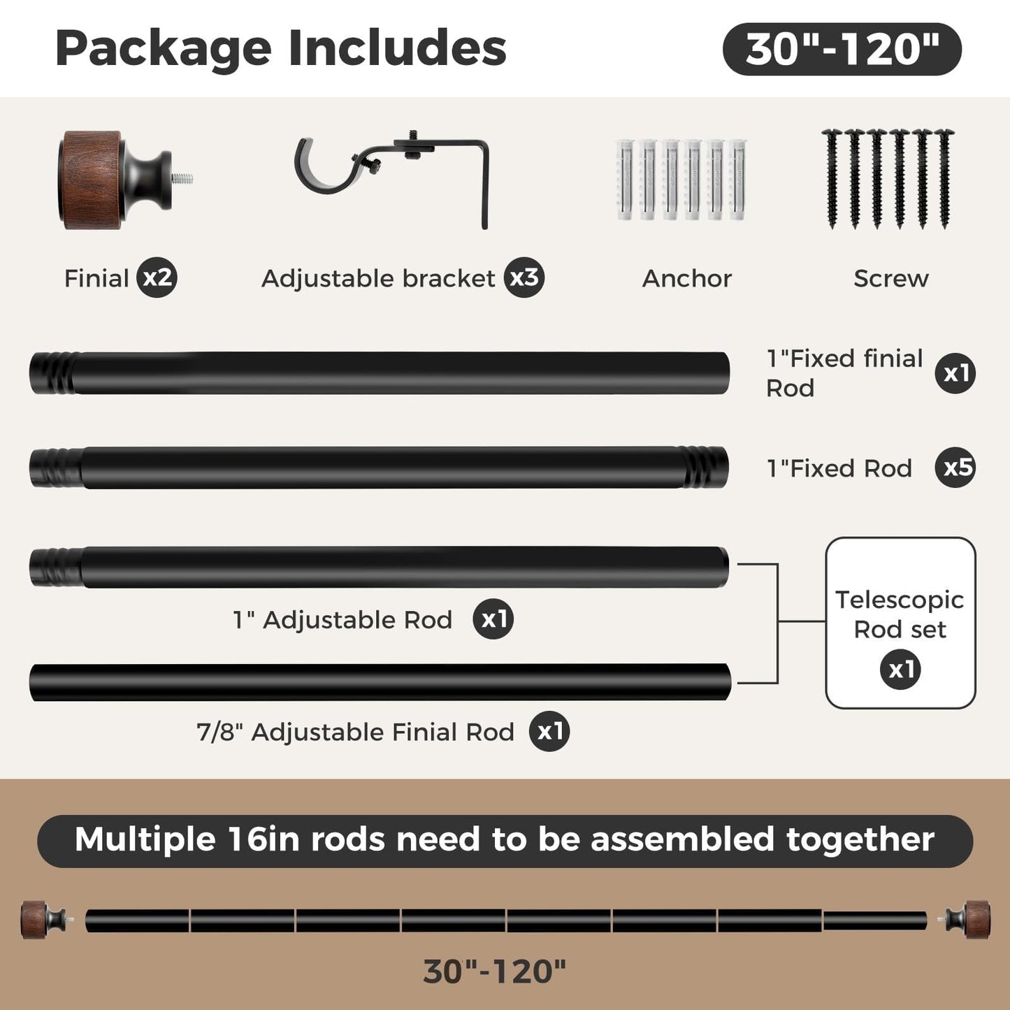 Wood Curtain Rods for Windows 66 to 120 Inch, 1” Diameter Adjustable Curtain Rod with Imitation Wood Grain Finials, Decorative Heavy Duty Drapery Rod Set, Indoor/Outdoor Modern Curtains Rods