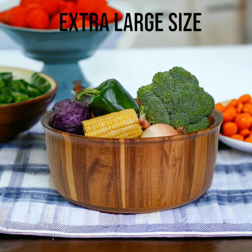 PRESTIGE NOOK Extra Large Wooden Salad Bowl - 12“ x 5” Acacia Wood Serving bowl with 2 servers, Large Fruit bowl for food with serving utensils, Housewarming Wedding Christmas Gift