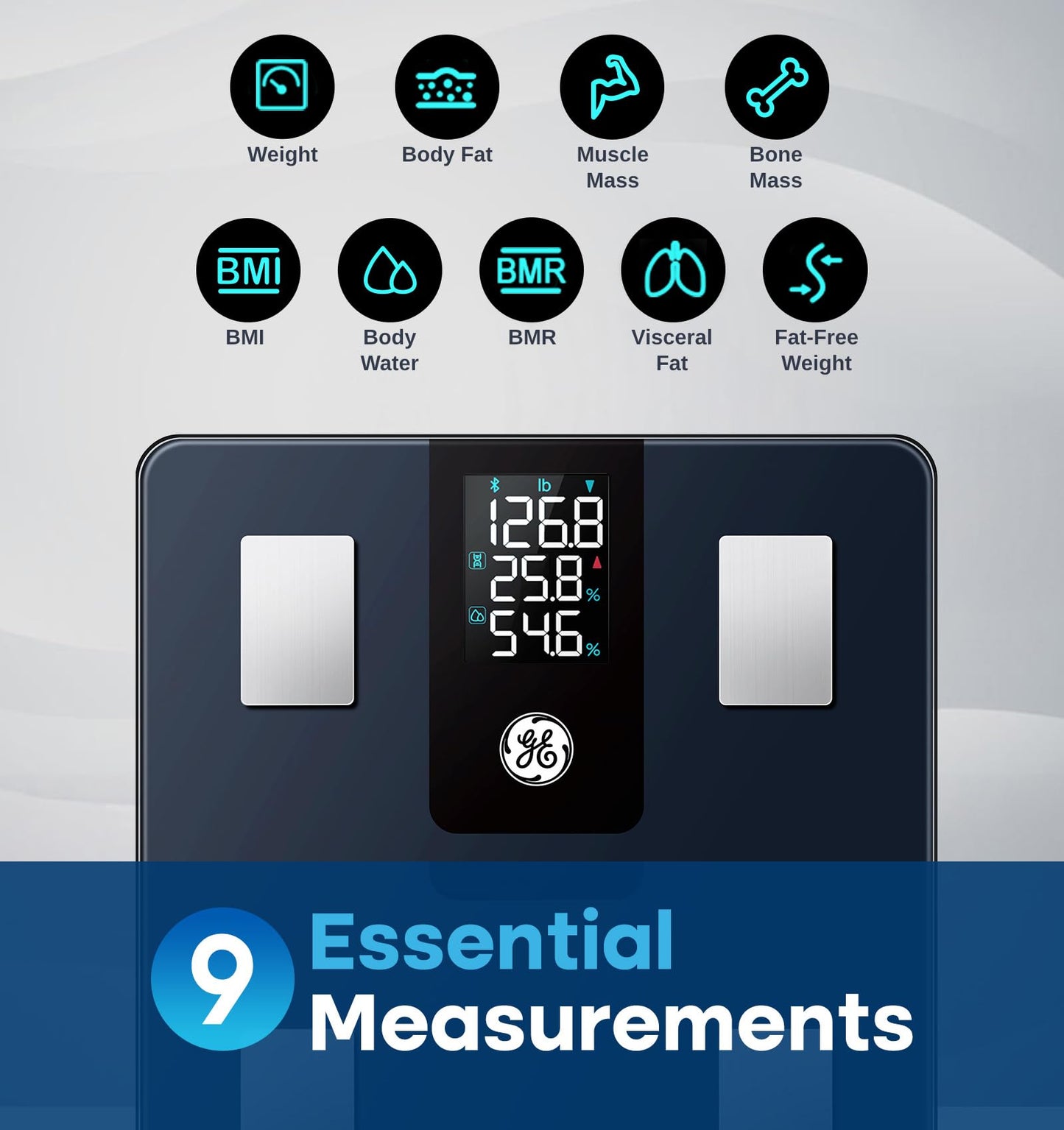 GE Smart Scale for Body Weight BMI Fat Muscle Mass with All-in-one LCD Display, Digital Bathroom Weight Scales Bluetooth Body Composition Analyzer with App, Accurate Weighing, 400 lbs / 180 kg