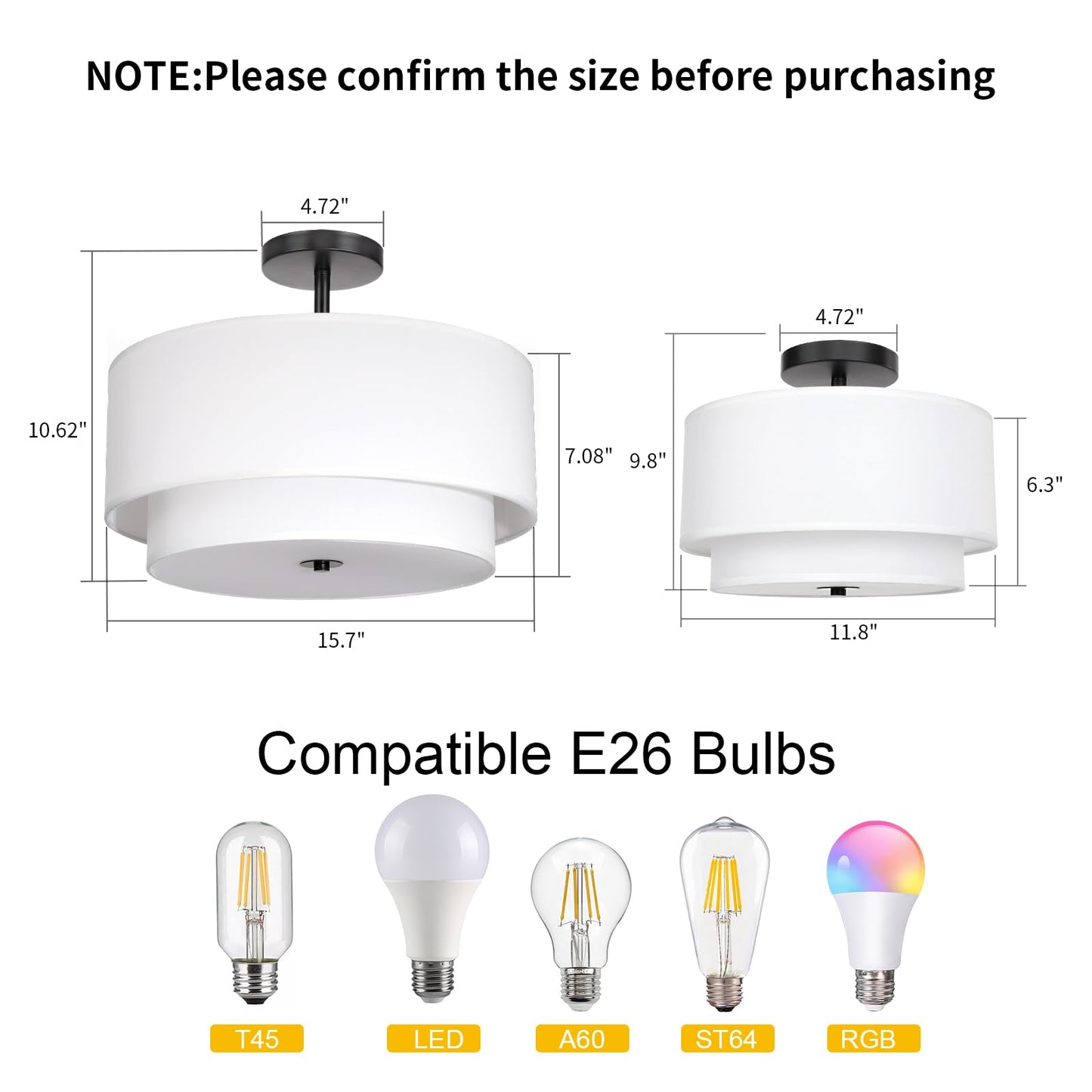 FRIDEKO HOME 3-Light Semi Flush Mount Ceiling Light,15.7 inch Ceiling Light Fixture with White 2-Layer Fabric Shade Drum Lights for Bedroom Living Room Kitchen Foyer Hallway