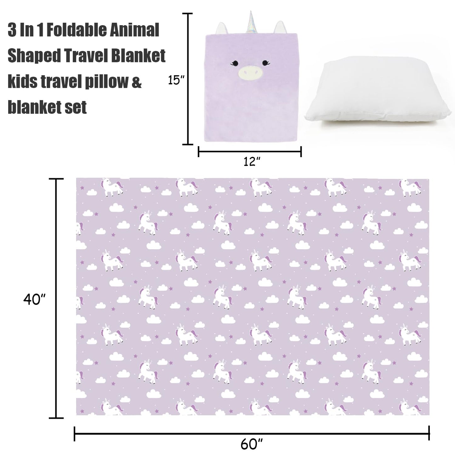 VigorSpring 3-in-1 Kids Travel Pillow and Blanket Set, Snuggle Pillow with Hand Warmer, 40x60 inches Unicorn Blanket for Girls Compact, Perfect for Travel, Camping, Home and Office