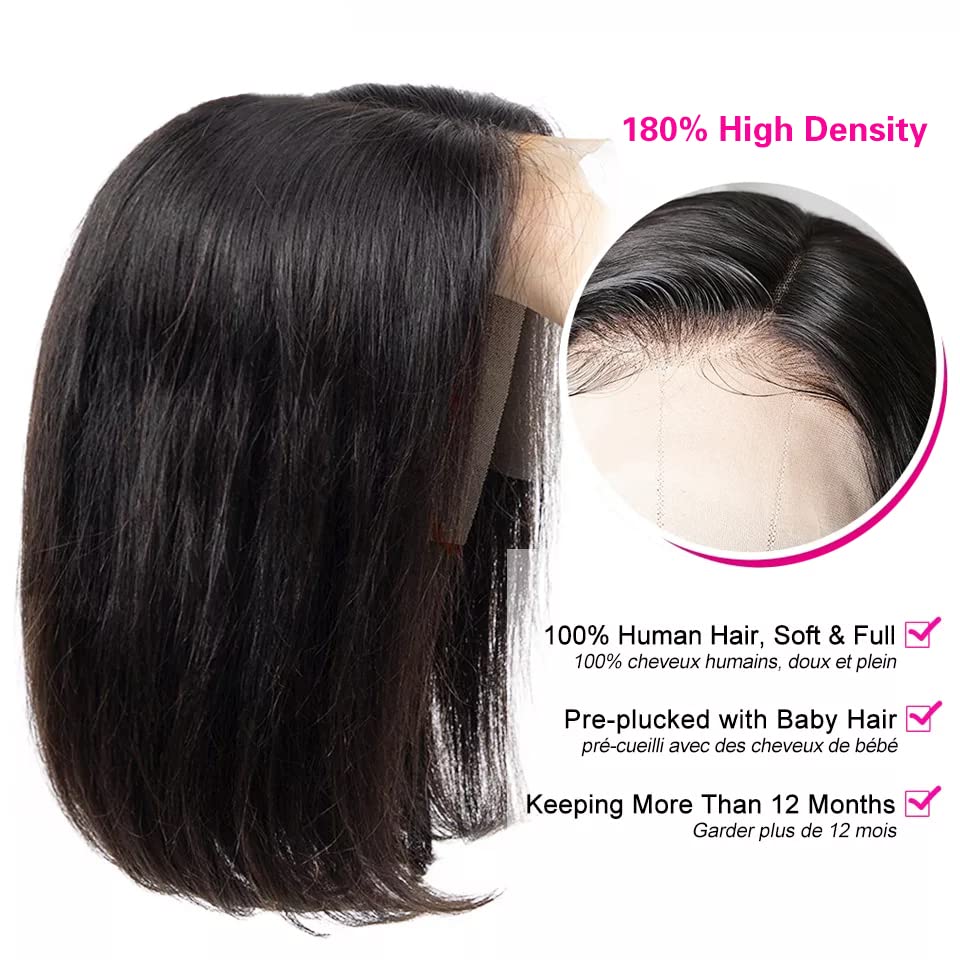 Qangelabeauty Short Bob Wig Human Hair 13x4 Frontal Bob Wigs Human Hair Pre Plucked wigs for Black Women Bob Lace Front Wigs Human Hair 10 Inch 180% Density with Baby Hair Natural Color