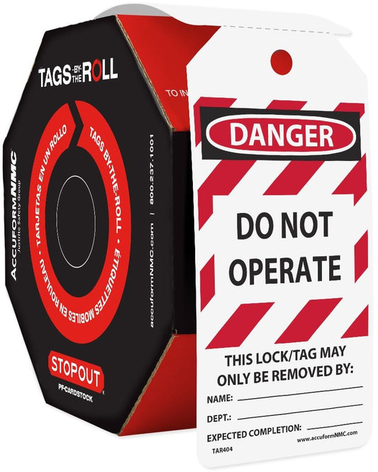 AccuformNMC 100 Lockout Tags by-The-Roll, Danger Do Not Operate, US Made OSHA Compliant Tags, Waterproof PF-Cardstock, Resists Tears, 6.25"x3", TAR404