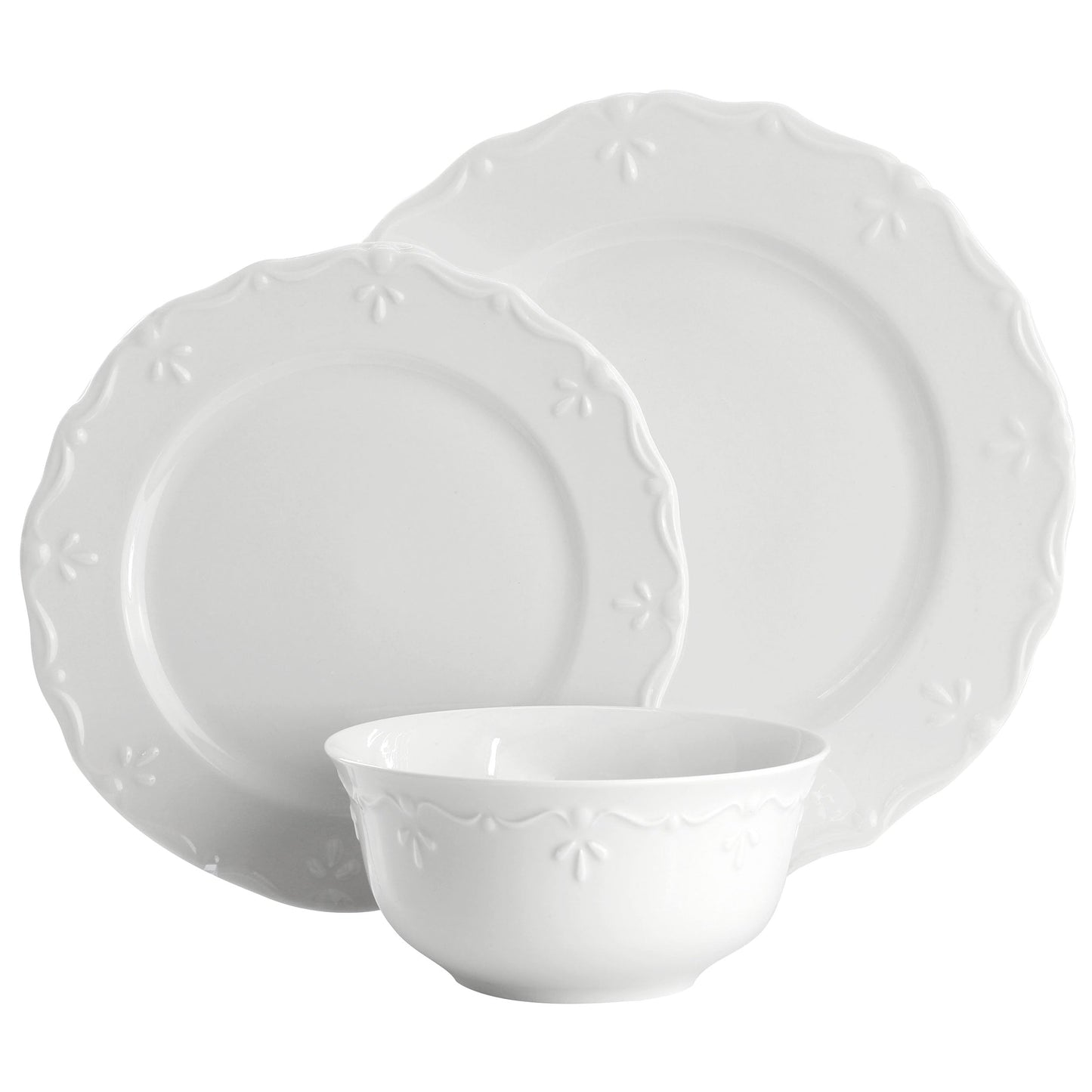 Elama Henryi 18 Piece Embossed Rim Detail Porcelain White Dinnerware Set, Tableware Set, Serveware (18 Piece)
