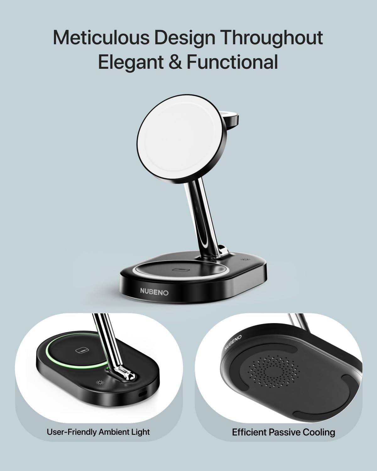 Nubeno Charging Station for iPhone 16/16 Pro/16 Pro Max, Wireless Charger for MagSafe iPhones, 3 in 1 Magnetic Charger Stand for iPhone 16/15/14/13/12 Series, Apple Watch & AirPods.(Blk)