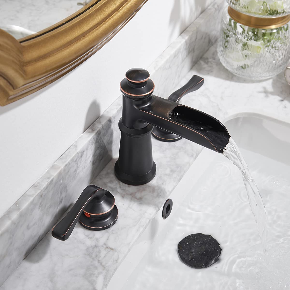 Homevacious Widespread Bathroom Faucet Oil Rubbed Bronze Waterfall 2-Handle with Pop up Drain Assembly Farmhouse 3 Holes 8-16 Inch Sink Rustic Mixer Tap Overflow Commercial Supply Line