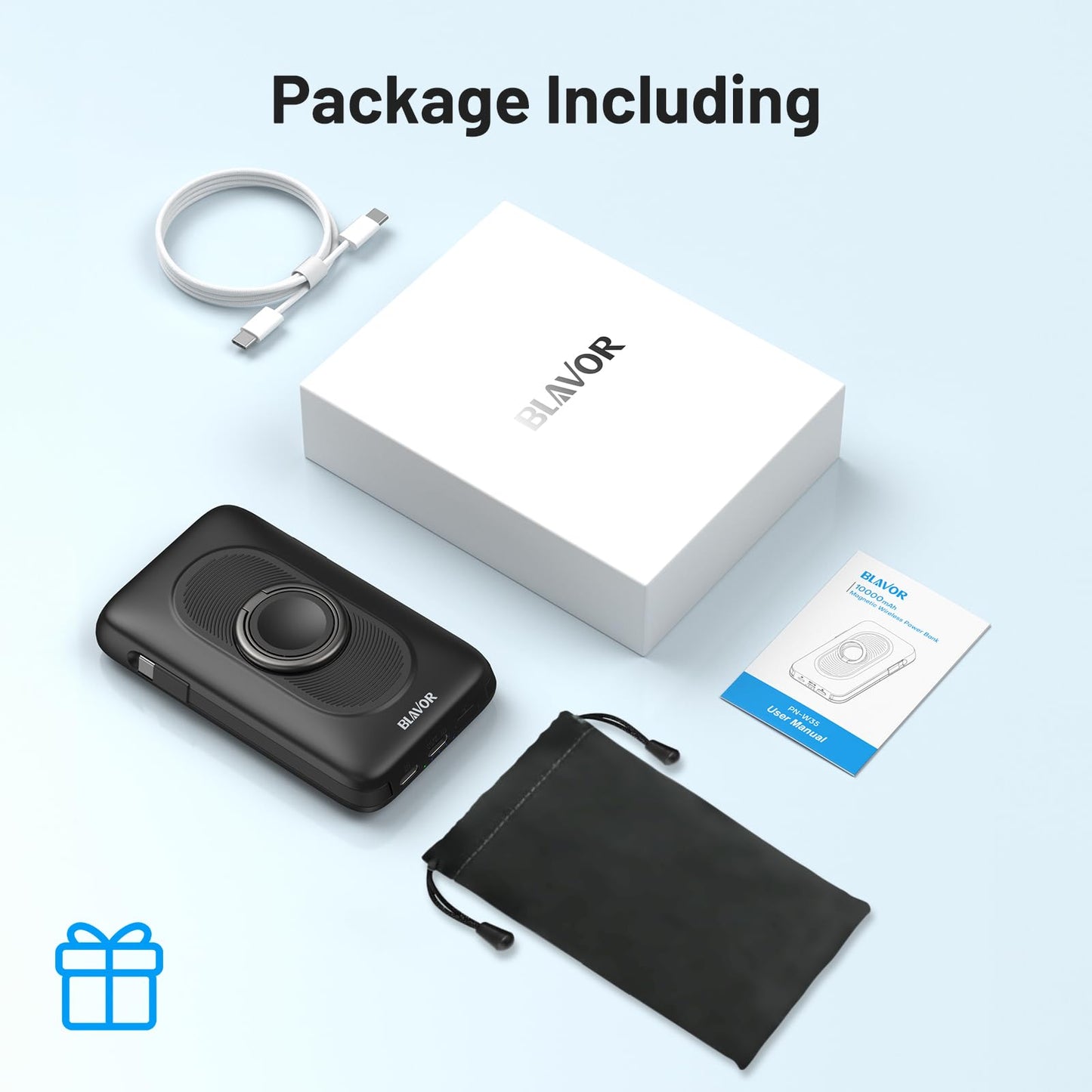 BLAVOR for Magsafe Portable Charger with Built-in Cables, USB C 20W Fast Charging, 10000mAh Magnetic Wireless Power Bank, Battery Pack with Stand for iPhone 16/15/14/13/12, Powerbank for Apple Watch