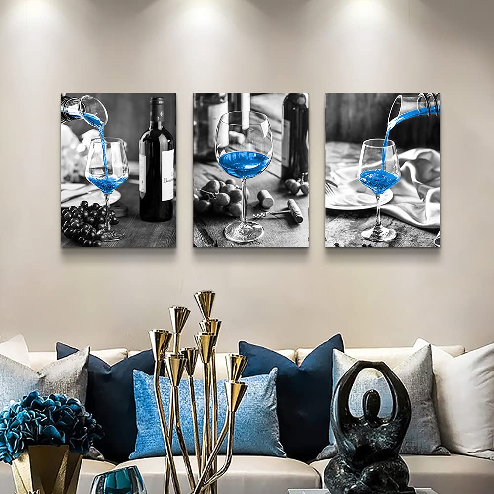 Canvas Wall Art For Kitchen Wall Decor For Dining Room Black And White Wine Glasses Painting Modern Blue Wine Canvas Art Prints Ready To Hang Pictures For Restaurant Home Decorations 16"X24" 3 Pieces