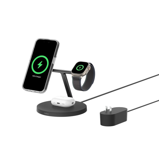 Belkin MagSafe-Compatible Charger, 3-in-1 Wireless Charging Station, Qi2-Certified 15W Wireless Charge for Apple iPhone 17 Series, Apple Watch, AirPods w/Non-Slip Base, 40W Included - Black