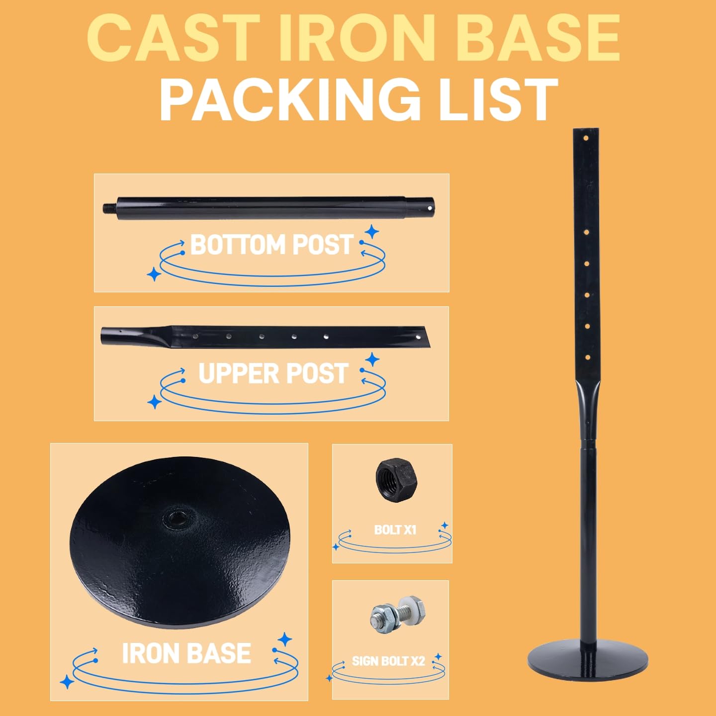 Kdgarden Heavy Duty Cast Iron Sign Post and Base Kit - 12" DIA Stand with 48" Post and Bolts & Nuts for Hanging Signs, Portable Sign Holder for Parking and Recreational Use