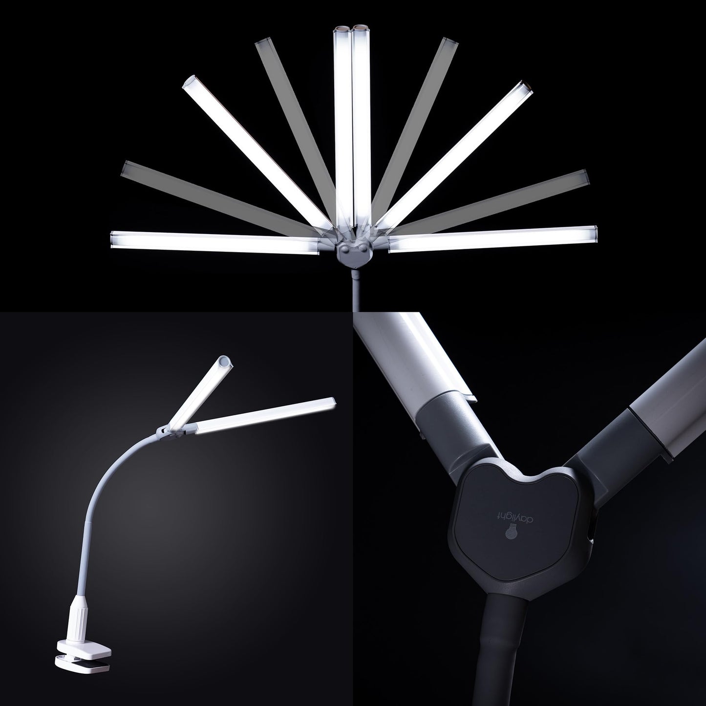 daylight DuoPro Clamp LED Lamp - 6,000K, 2,100 Lux at 12", 4 Brightness Levels, Anti-Glare Shades, Adjustable Arm, Slim Design, Perfect for Sewing, Reading, Crafts, Beauty Treatments - Grey/White