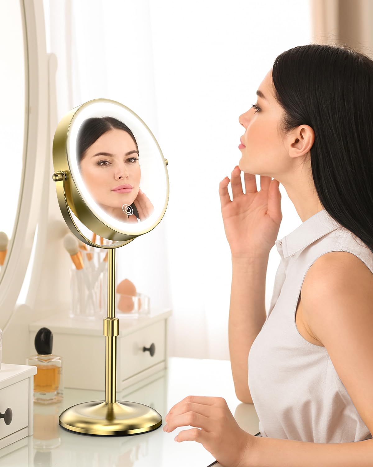 Benbilry Lighted Makeup Mirror with 3 Color Lights & 10X Magnification, Adjustable Brightness & Height, 7 Inch 360° Swivel Rechargeable 10X LED Magnifying Vanity Mirror with Light, Gold