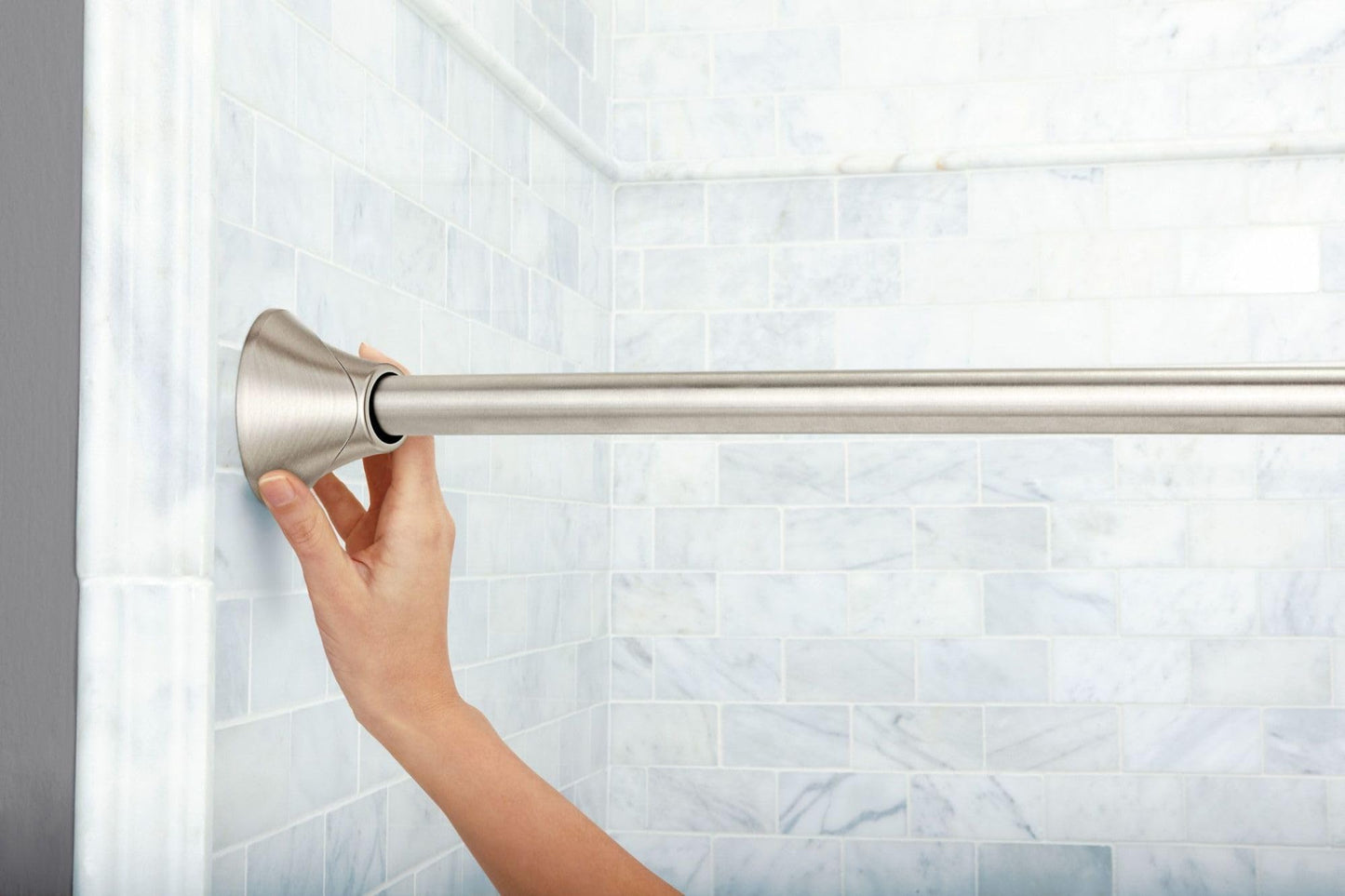 Moen Curved Adjustable Spring Tension No Drill Shower Curtain Rod for Bathroom, Brushed Nickel Finish, CSR2172BN