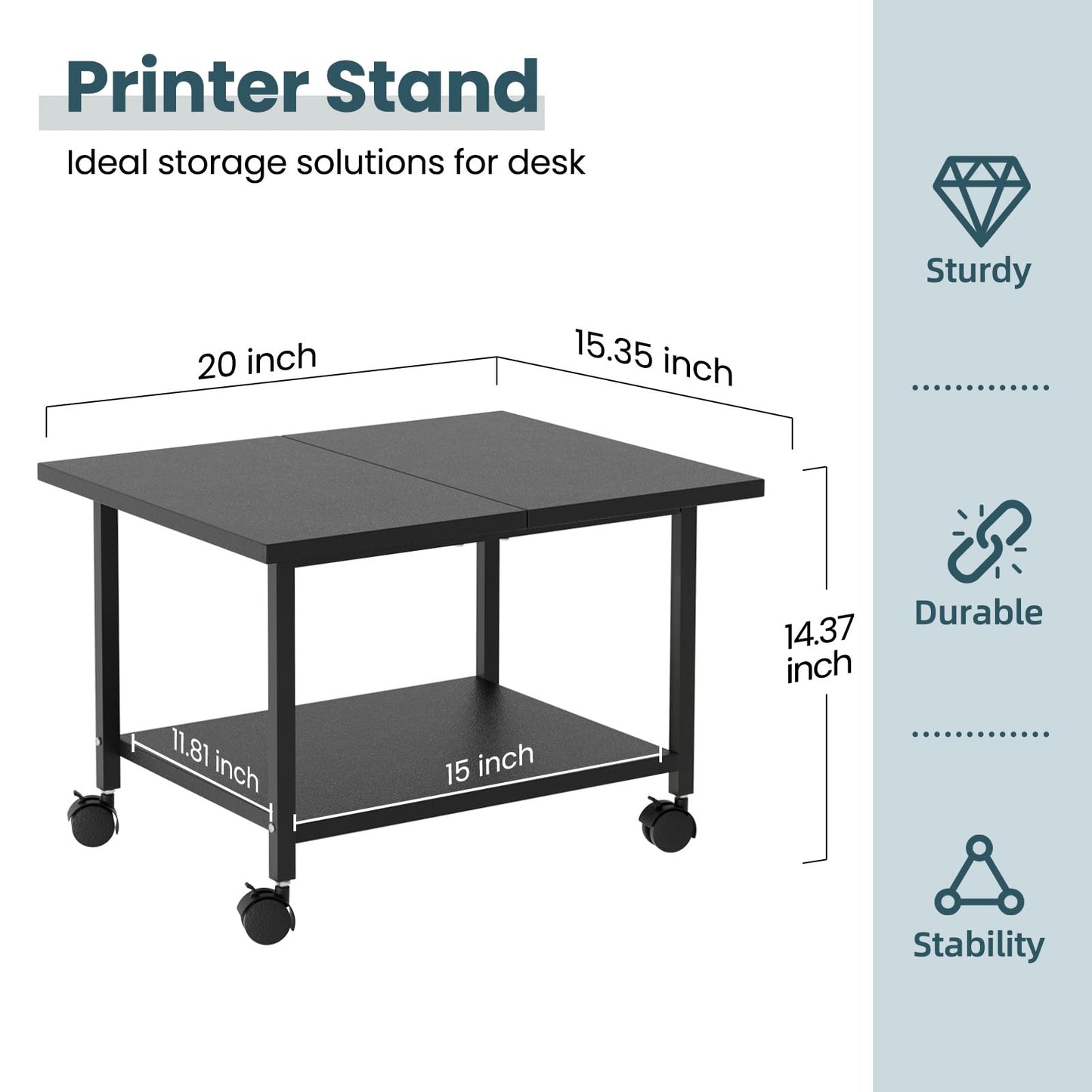 SwaaVee Printer Stand, 2-Tier Under Desk Printer Stand, Printer Cart with Wheels for Home, Office, Heavy-Duty Storage Shelf, Black