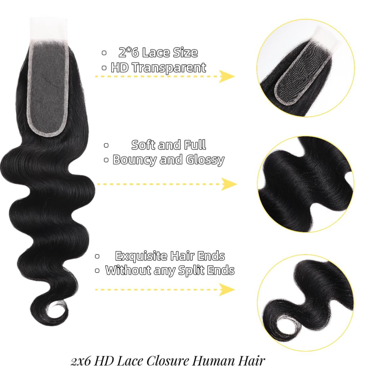 2x6 HD Lace Closure Body Wave Human Hair Transparent 2 by 6 HD Lace Closure 18Inch 100% Brazilian Virgin Unprocessed Middle Part Human Hair Kim K Closure With Baby Hair Natural Color