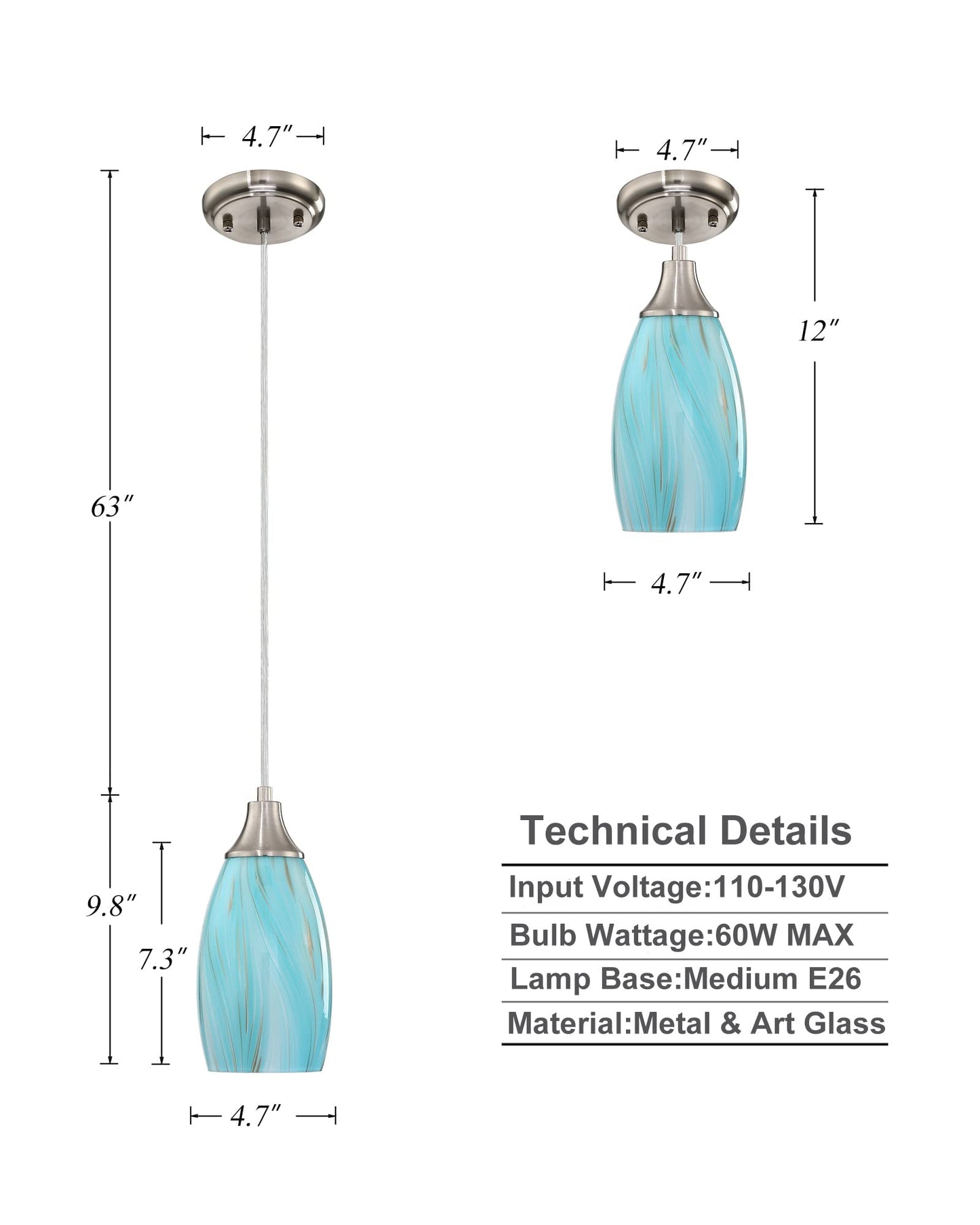 karyfine Mini Pendant Light,Handcrafted Art Glass Pendant Lighting Shade with Brushed Nickel Finished Teal Glass Ceiling Hanging lamp Adjustable Cord for Kitchen Island,Hallway,Dining Room