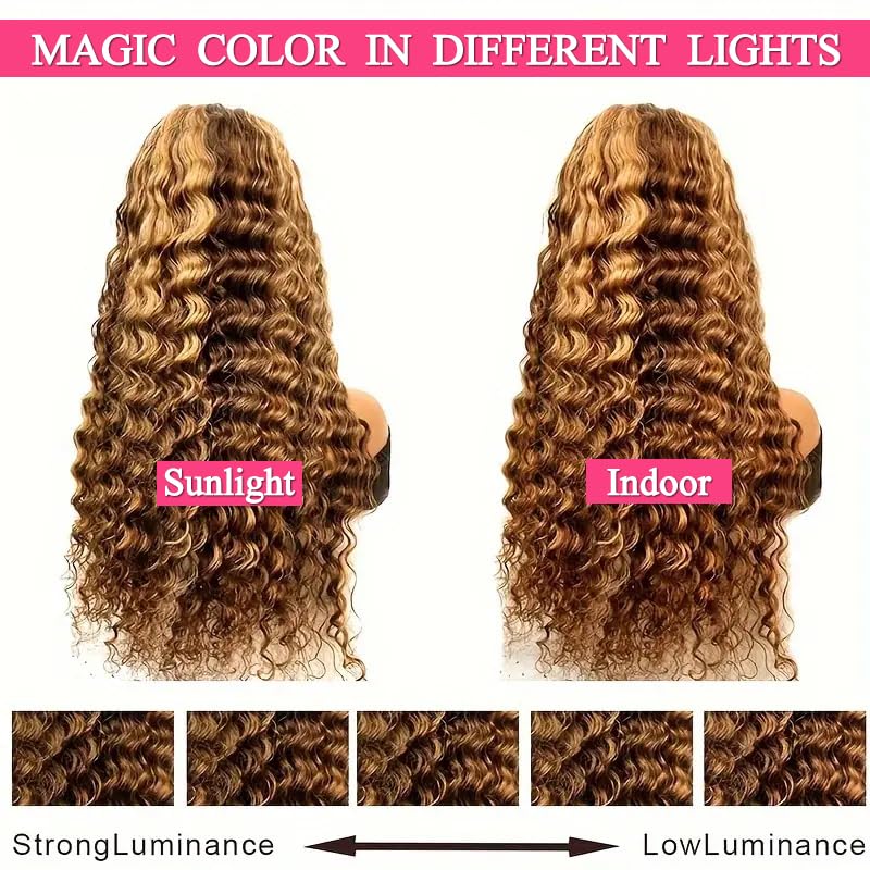 NKTU 4/27 Deep Wave Lace Front Wigs Human Hair Honey Blonde Highlight Ombre Wigs Human Hair for Women 13x4 HD Transparent Lace Frontal Wigs Pre Plucked with Baby Hair 200 Density 26 Inch