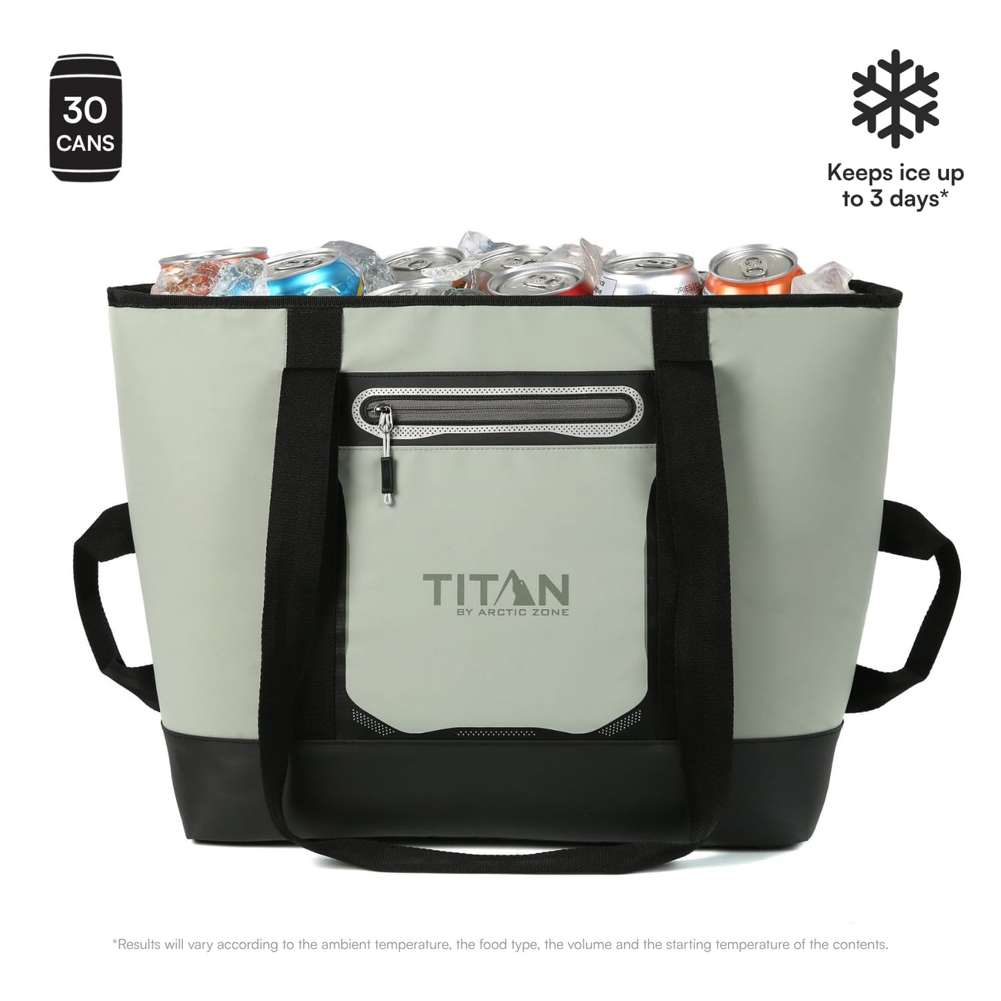 Titan by Arctic Zone Soft Sided Cooler Tote, Insulated Bag with Handle, Shoulder Strap, and Zipper for Lunch, Picnic, and Travel, 30 Can Capacity, Seagrass