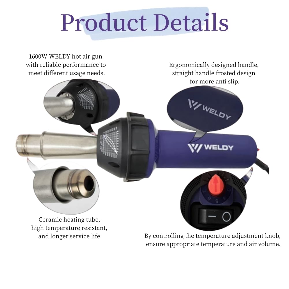 110V Weldy 1600W Professional Hot Air Equipment Hot Blast Torch Overlap Air Welding Gun Welder Pistol Tool Hot Air Gun (Weldy heat gun set)