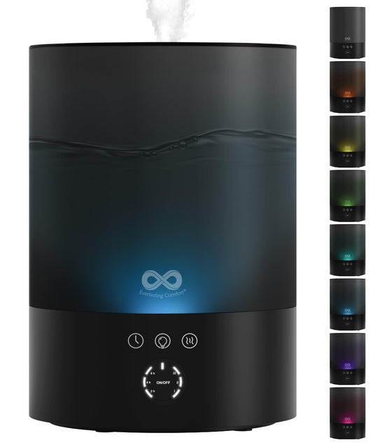 Everlasting Comfort 2.5L Top Fill Humidifier for Bedroom – Quiet, Easy to Fill & Clean, 24HR Runtime, Night Lights, Timer, Ultrasonic Cool Mist, Auto Shut-Off for Indoor Use - Black