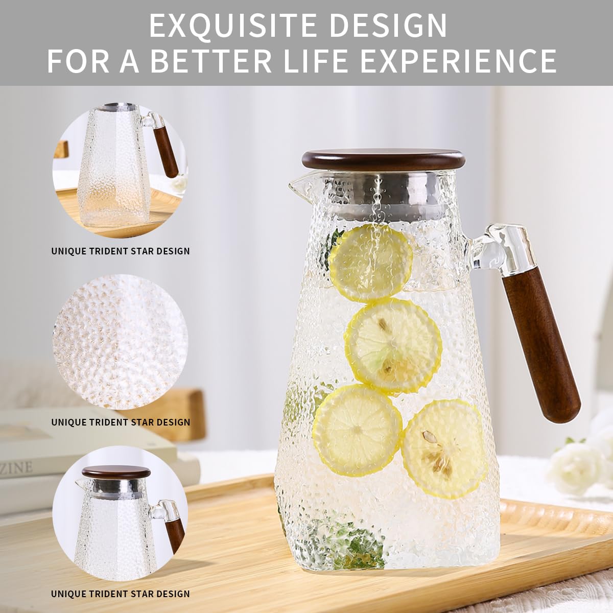 Borosilicate Glass Pitcher With Lid,1.8 Liter All-Purpose Heat-Resistant Carafe with Handle, Jug，for Iced Tea, Coffee, Juice, Milk, Fruit Infusions (Hot & Cold) (hammered texture, 60 oz)