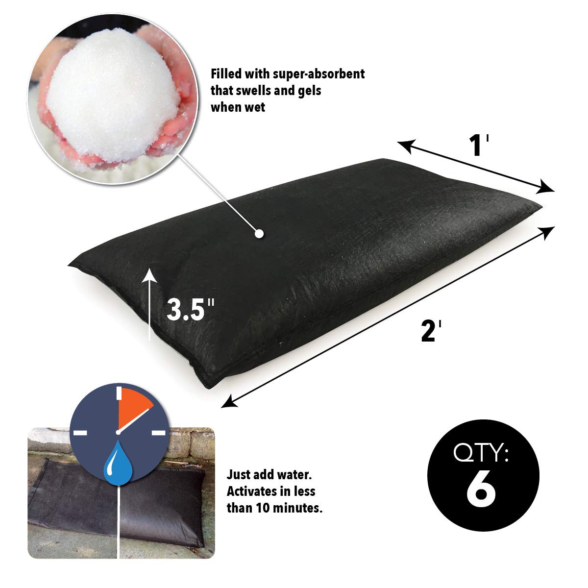 Quick Dam - QD1224-6 Water Activated Flood Bags 1ft x 2ft, 6-Pack
