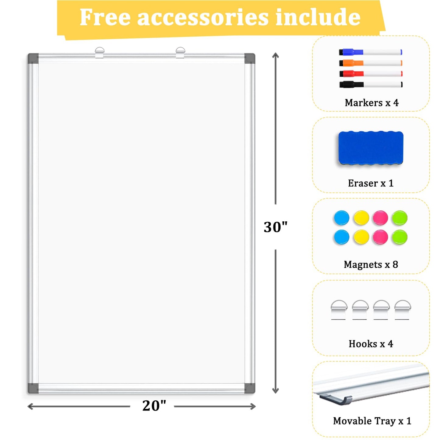 AMUSIGHT Double-Sided Magnetic Whiteboard, 30" x 20" Dry Erase Board, Aluminum Frame White Board for Wall, Hanging Mounting White Board Dry Erase Marker Board with 4 Markers, 1 Pen Tray