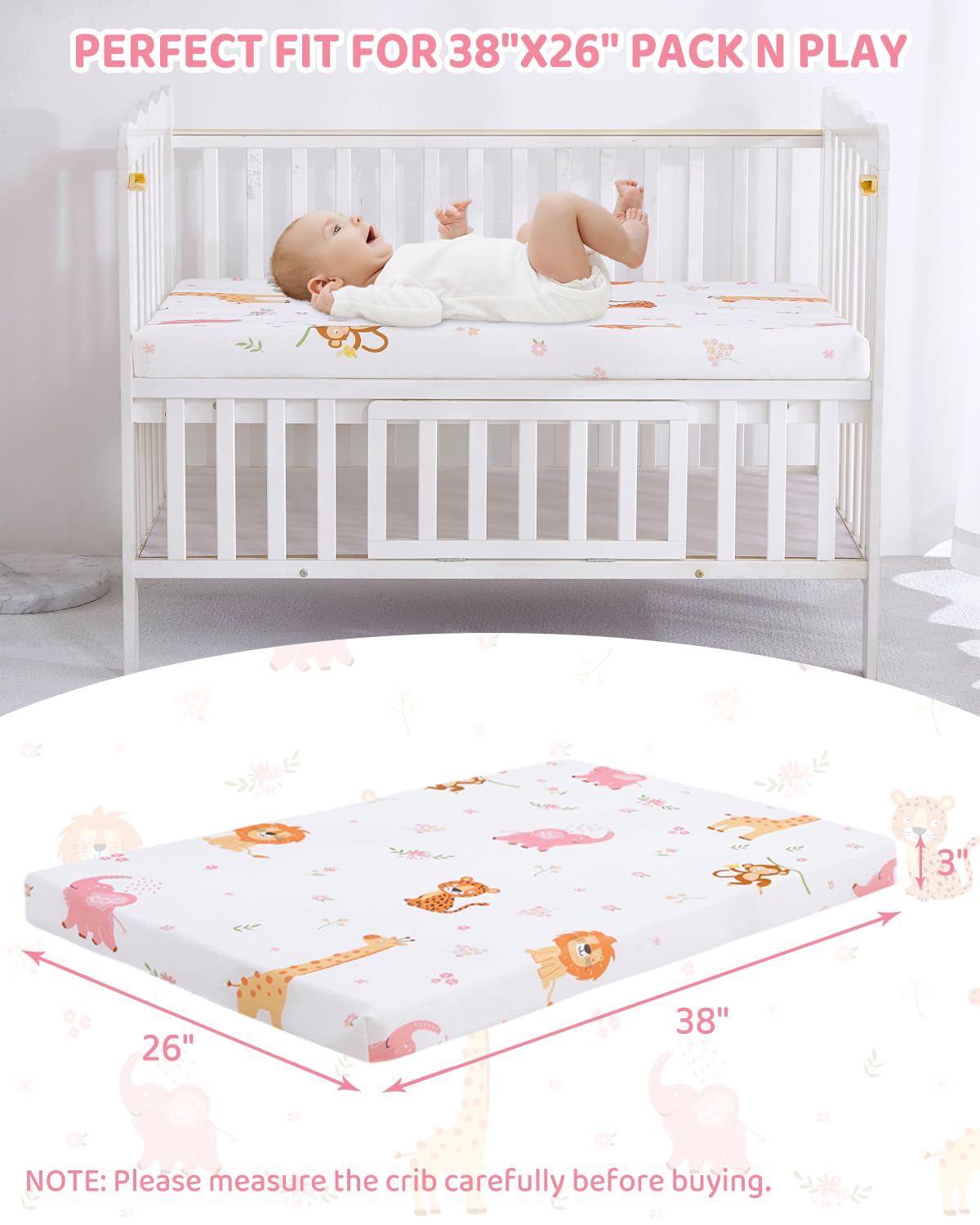 lasoftan Pack and Play Mattress - 38" x 26" Soft Mini Pad Breathable Portable Mattres Waterproof & Washable Perfectly fits Pack n Play