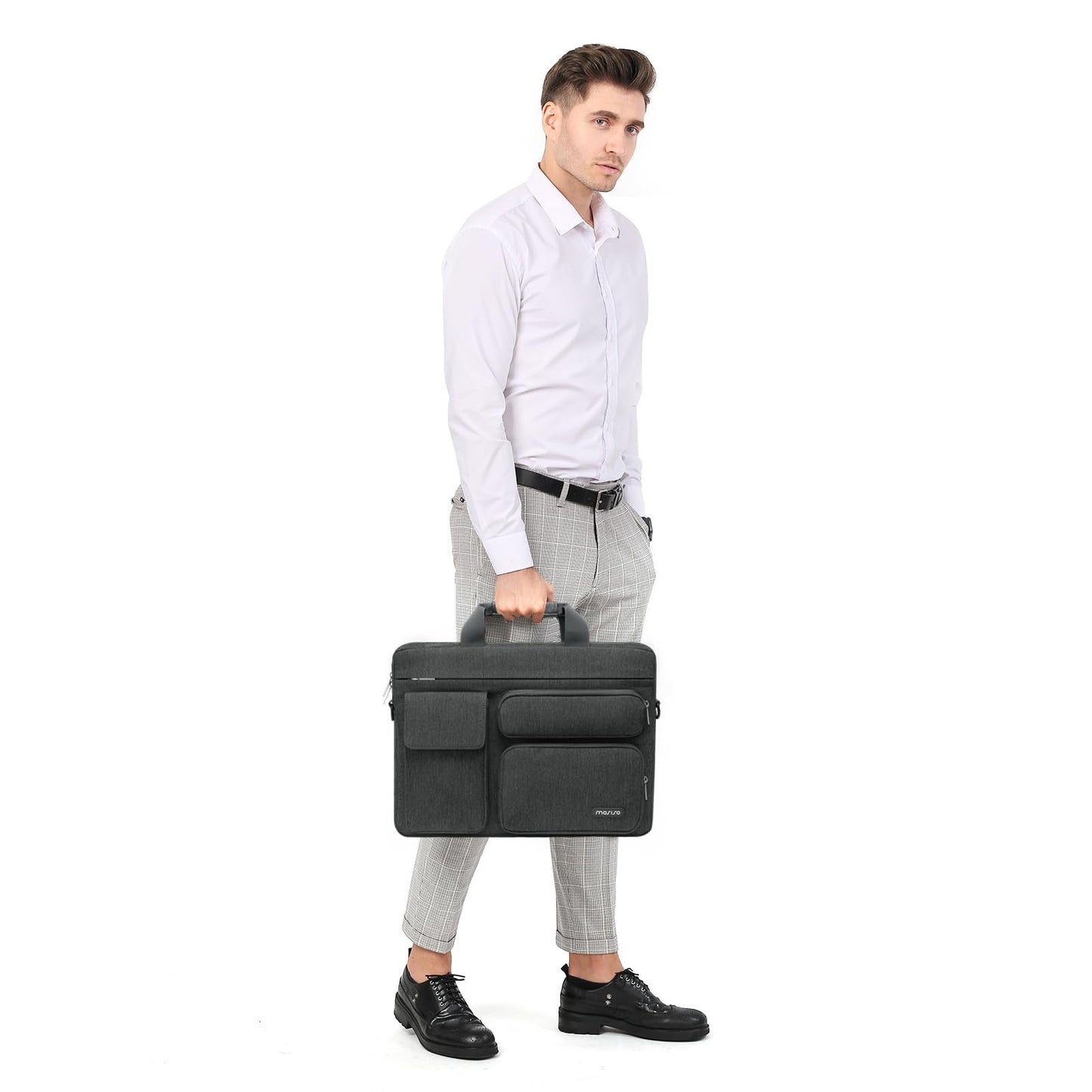 MOSISO Laptop Shoulder Bag 15.6 inch, 15-15.6 inch Computer Bag Compatible with MacBook Pro 16 inch, HP, Dell, Lenovo, Notebook with 2 Raised&1 Flapover&1 Horizontal Pocket&Handle&Belt, Charcoal Gray