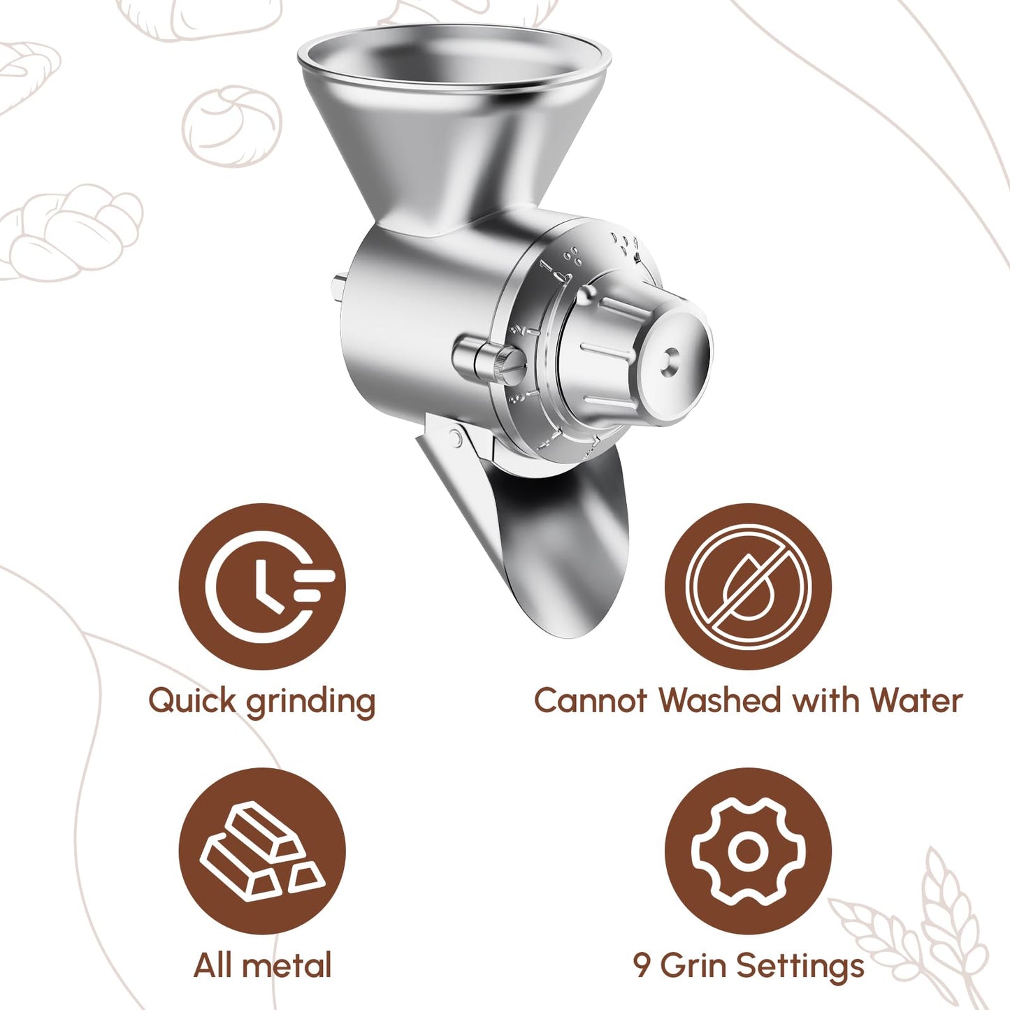 Grain Mill Attachment for Kitchenaid Stand Mixer, All Metal 9 Levels Flour Mill for Kitchenaid, Suitable for Fully Dried Low-Moisture, Low-Oil Grains, Grain Corn, Millet, Wheat and Cereals