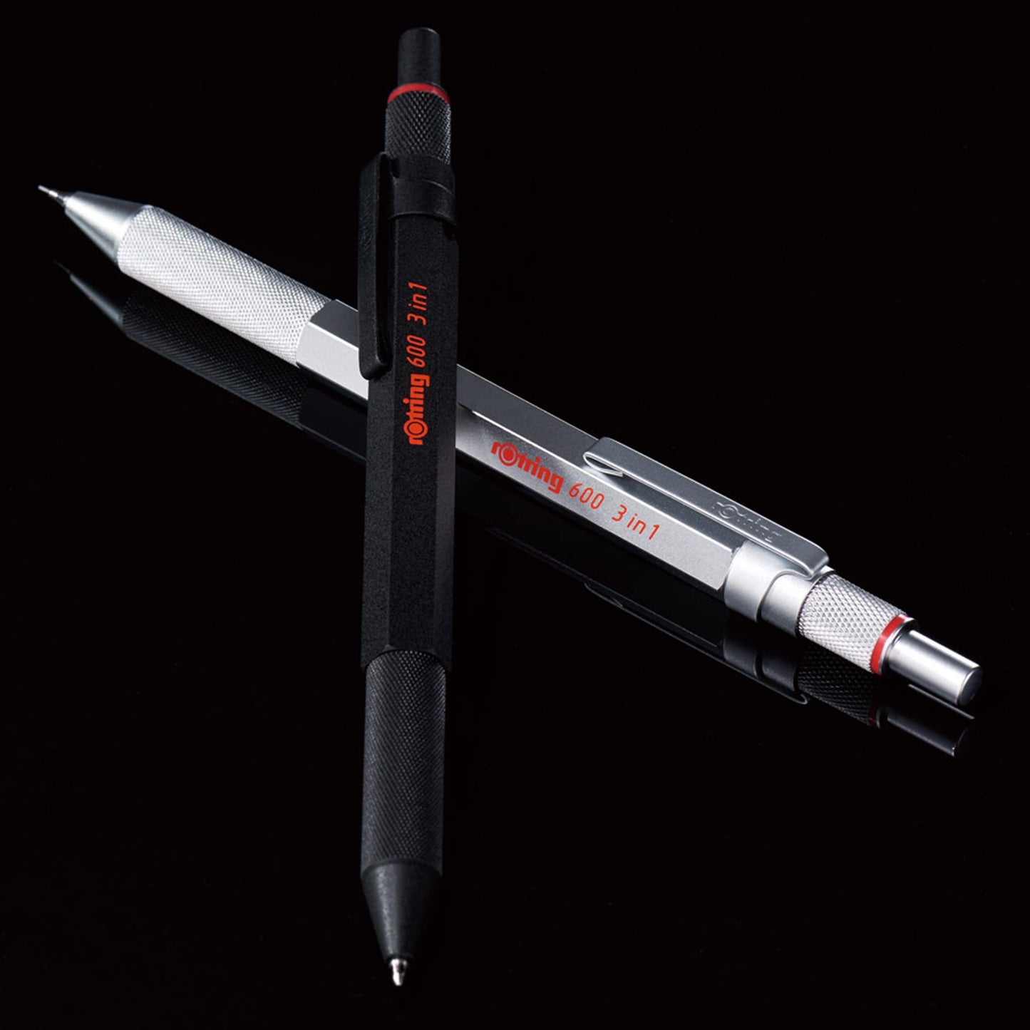 rOtring 600 3-in-1 Multicolor Pen and Mechanical Pencil, Switches Between 2 Ballpoint Pen Fine Point Tips (Black and Red Ink) and 1 Mechanical Pencil Tip (0.5mm Lead), Silver Barrel