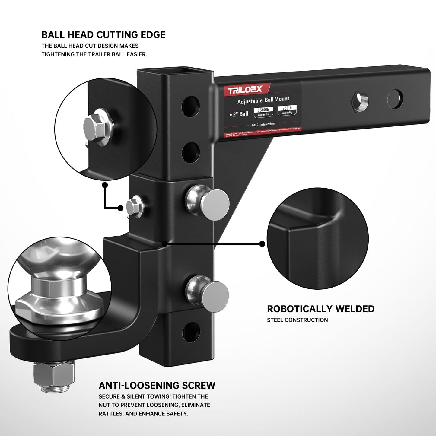 Adjustable Trailer Hitch Ball Mount, Fits 2" Receiver, 2" Tow Ball, 9-1/2" Drop&8-1/4" Rise, 7500lbs Heavy Duty Hitch with Screw-in Locking Pin